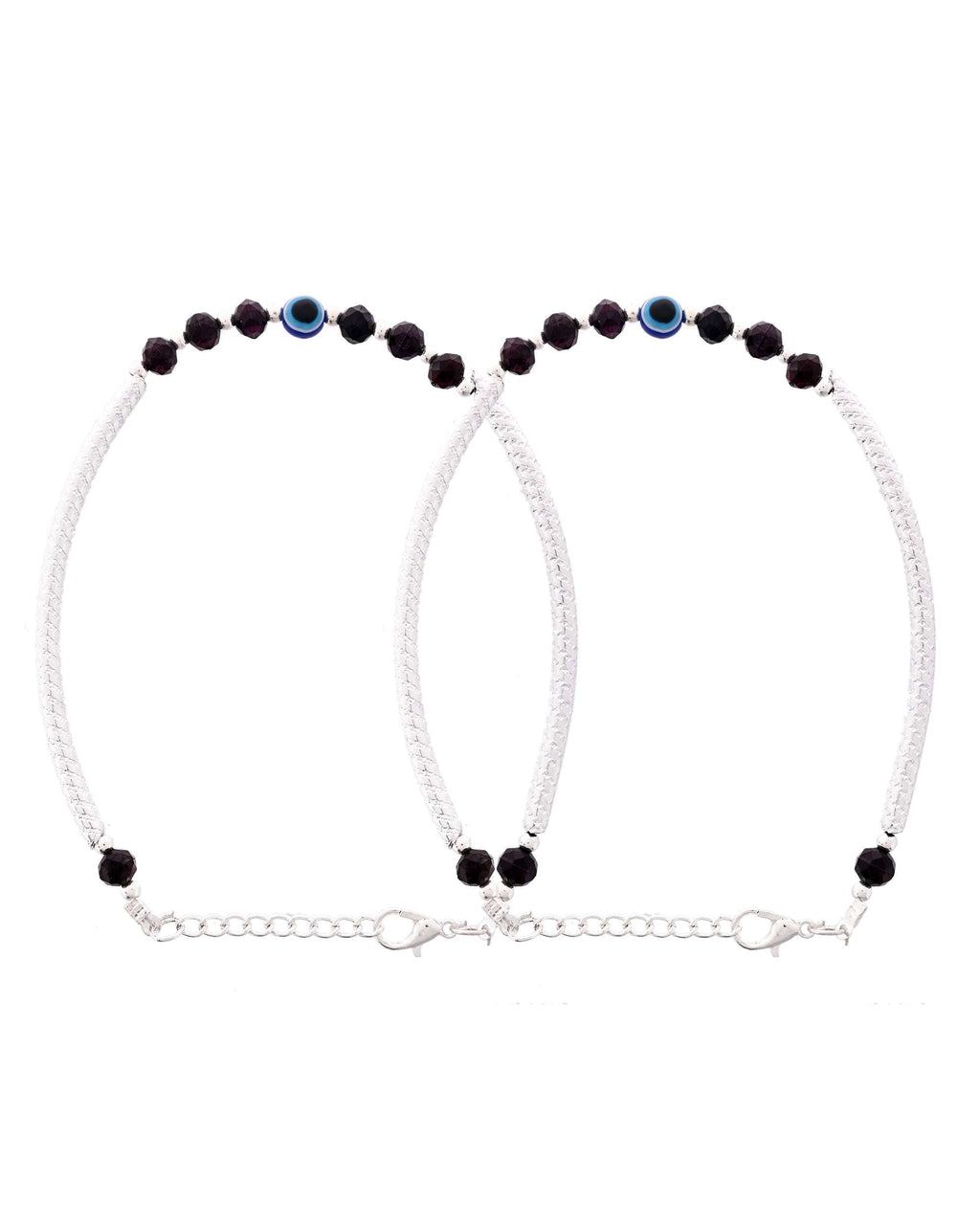 Jewels Nest Set of 2 Silver-Tone Stainless Steel Evil Eye Anklets with Beads