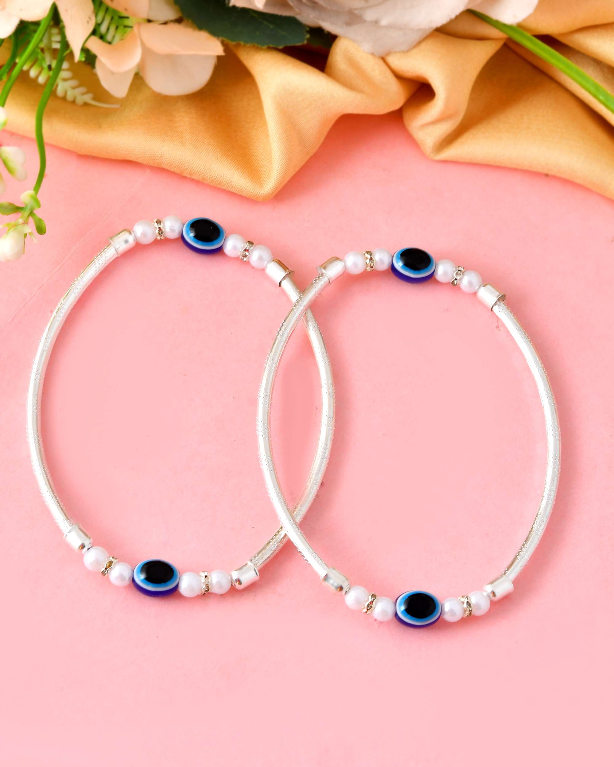Jewels Nest Set of 2 Silver-Toned Anklets with Protective Evil Eye Beads