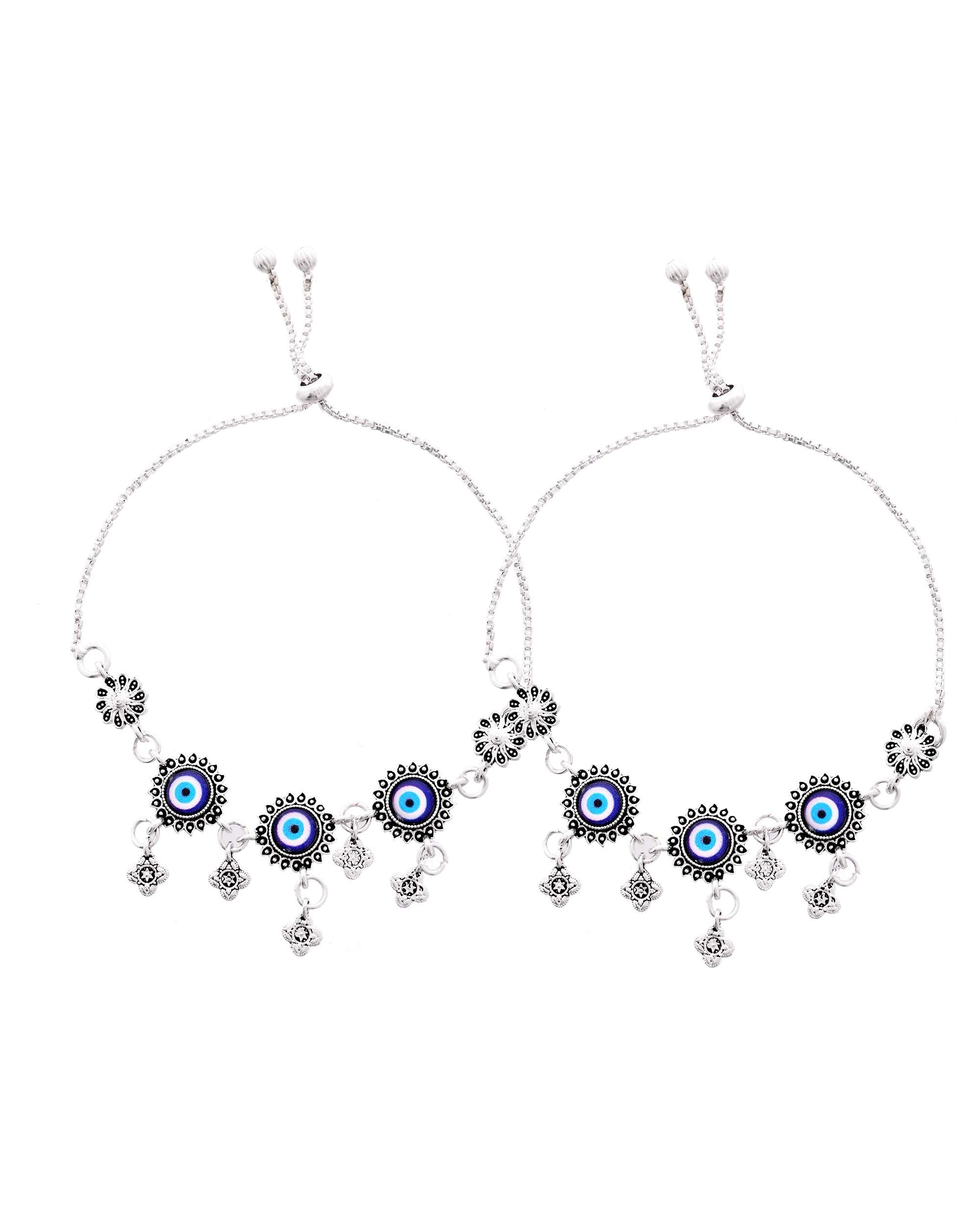 Jewels Nest Set of 2 Silver-Plated Stainless Steel Evil Eye & Stone-Studded Beaded Anklets