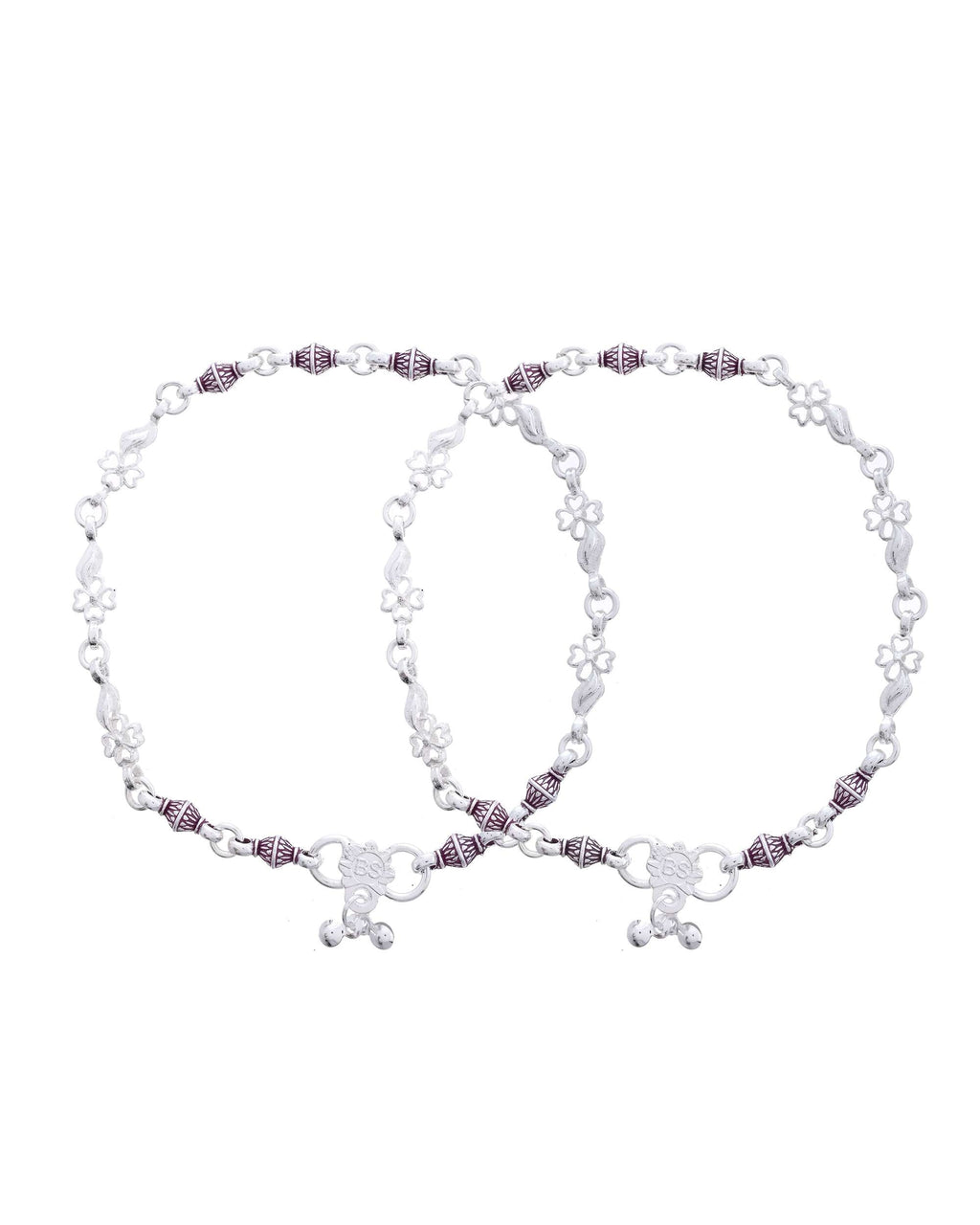 Jewels Nest Set of 2 Silver-Plated Stainless Steel Anklets with Pink Artificial Beads