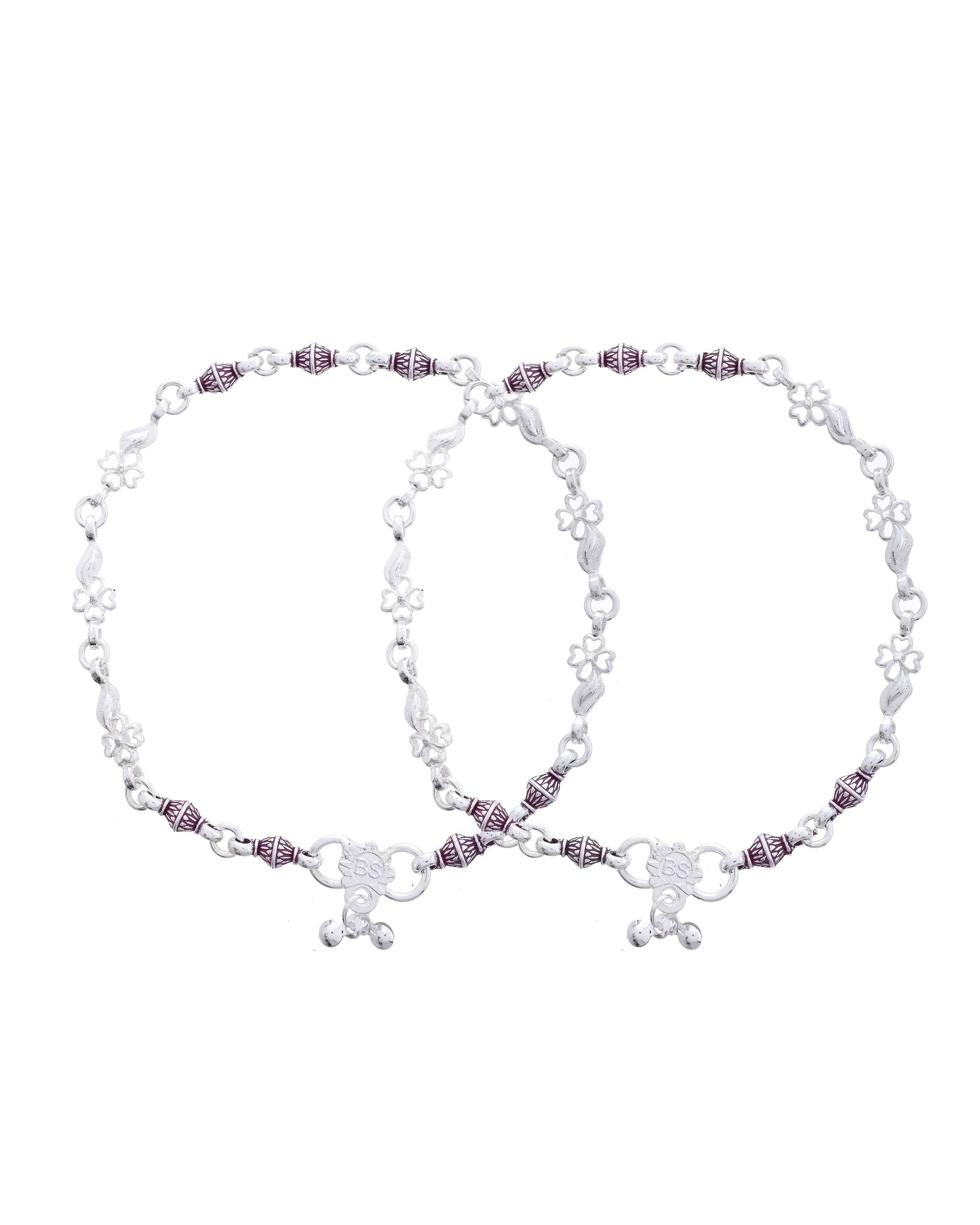 Jewels Nest Set of 2 Silver-Plated Stainless Steel Anklets with Pink Artificial Beads