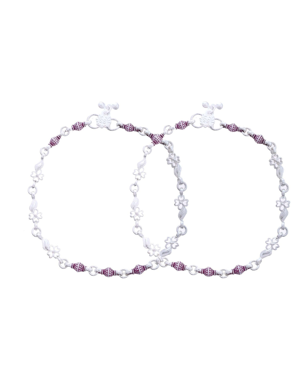 Jewels Nest Set of 2 Silver-Plated Stainless Steel Anklets with Pink Artificial Beads