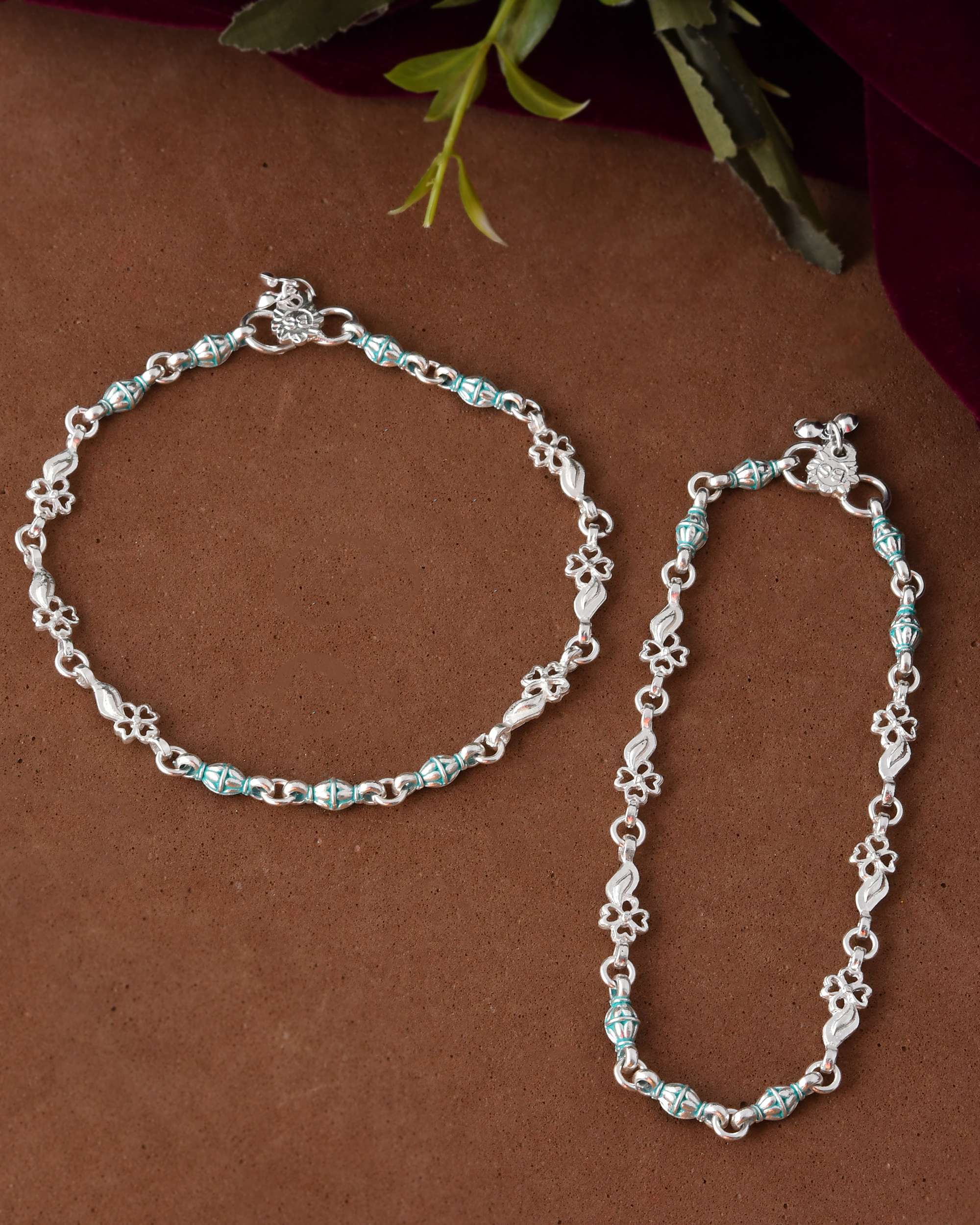Jewels Nest Set of 2 Silver-Plated Anklets with Green Beads & Leaf Motifs