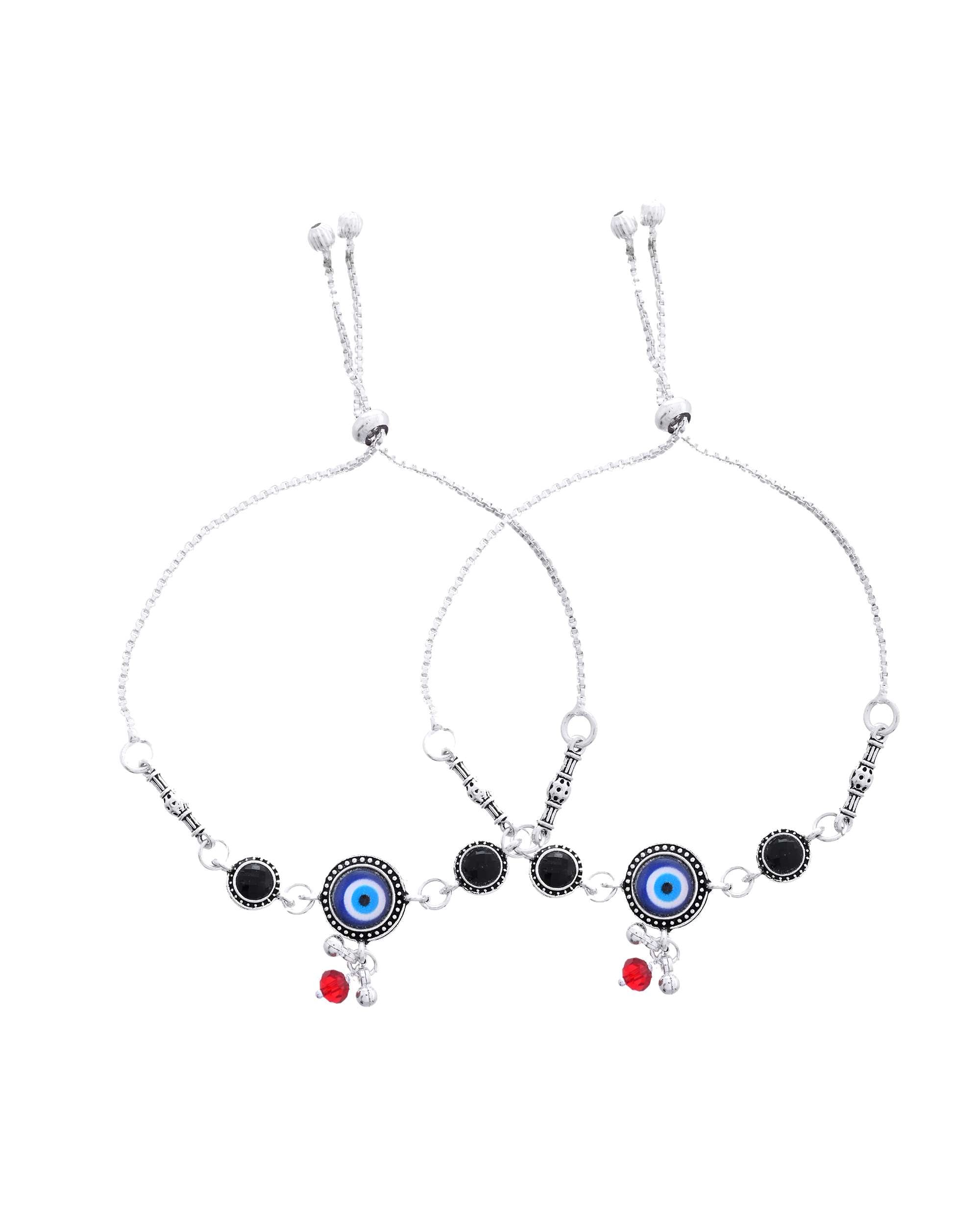 Jewels Nest Set of 2 Silver-Plated Beaded Anklets with Black & Blue Evil Eye Charms