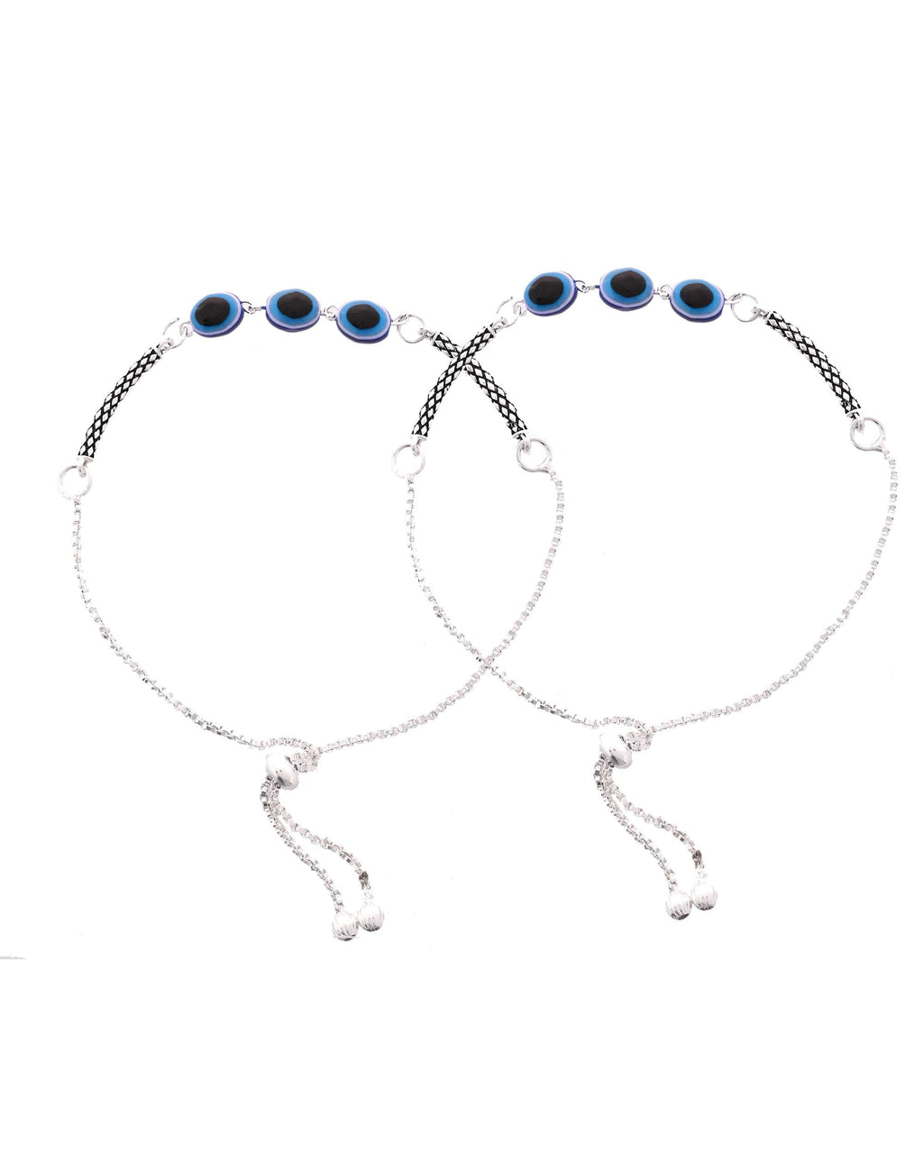 Jewels Nest Set of 2 Silver-Plated Stainless Steel Evil Eye Oval Beaded Anklets