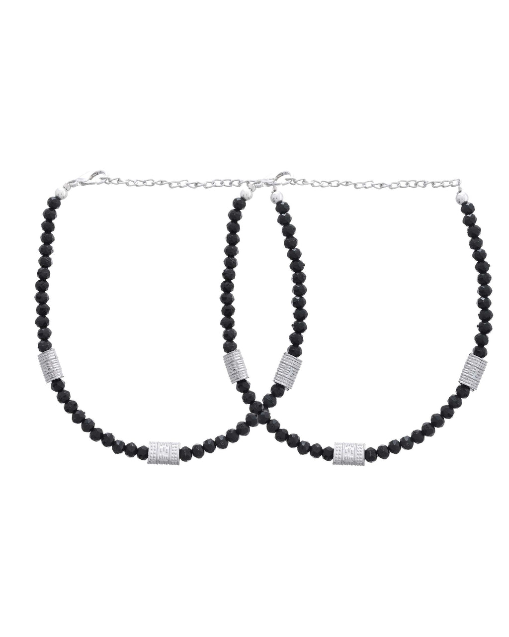 Jewels Nest Set of 2 Silver-Plated Anklets with Polished Black Beads and Barrel Charms