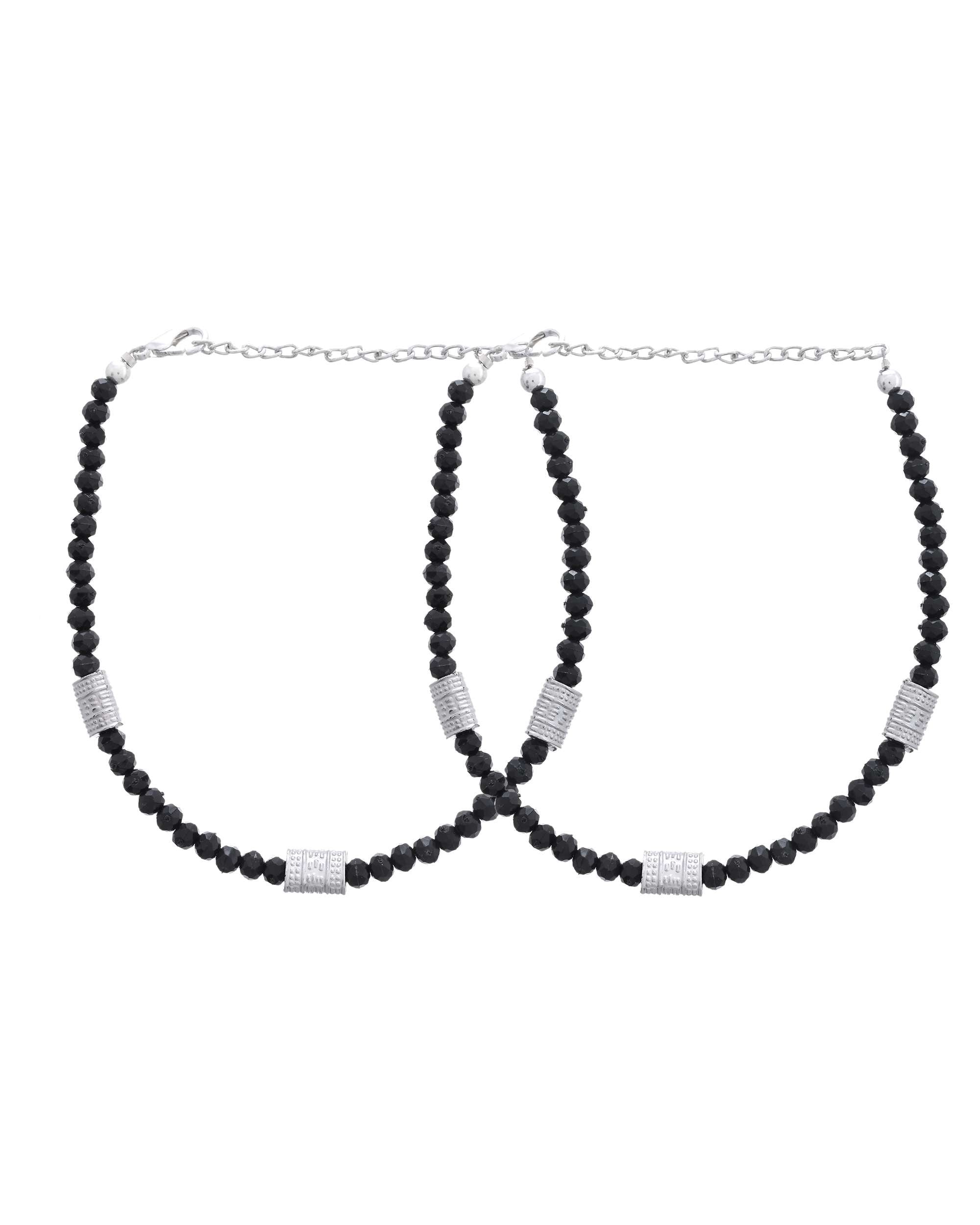 Jewels Nest Set of 2 Silver-Plated Anklets with Polished Black Beads and Barrel Charms