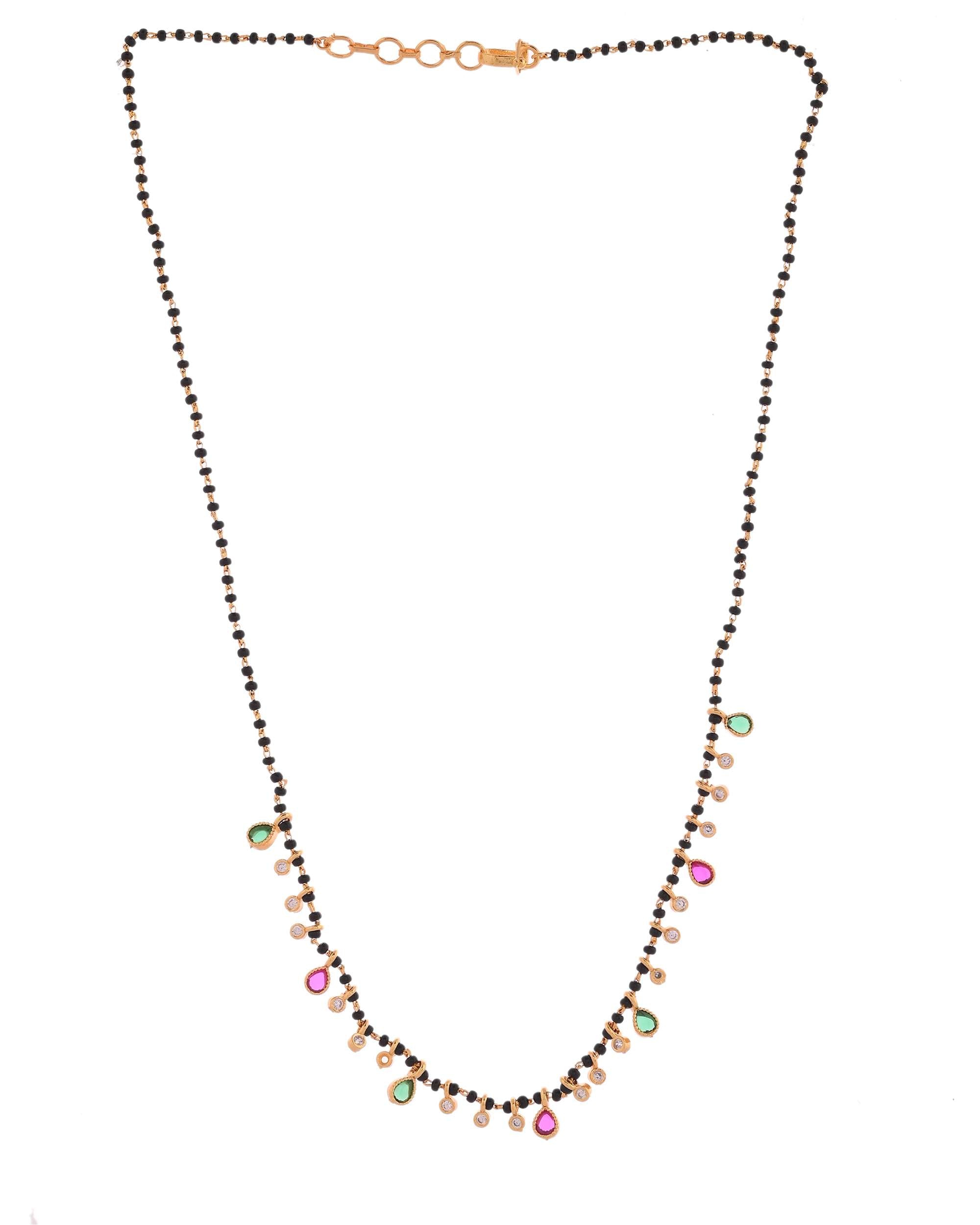 Jewels Nest Elegant Black Beads Mangalsutra with Green & Red Stone Drops – Silver Finish