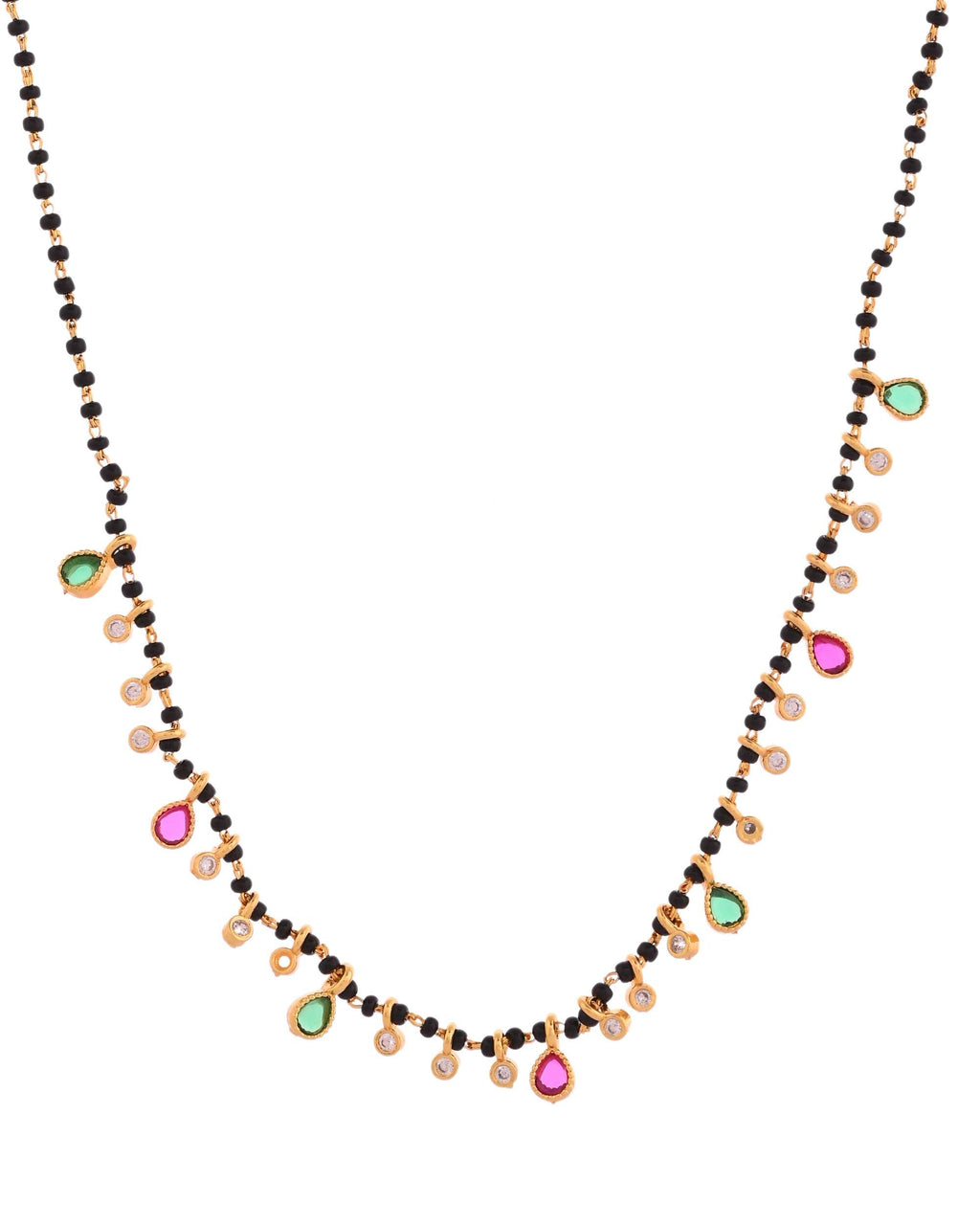 Jewels Nest Elegant Black Beads Mangalsutra with Green & Red Stone Drops – Silver Finish