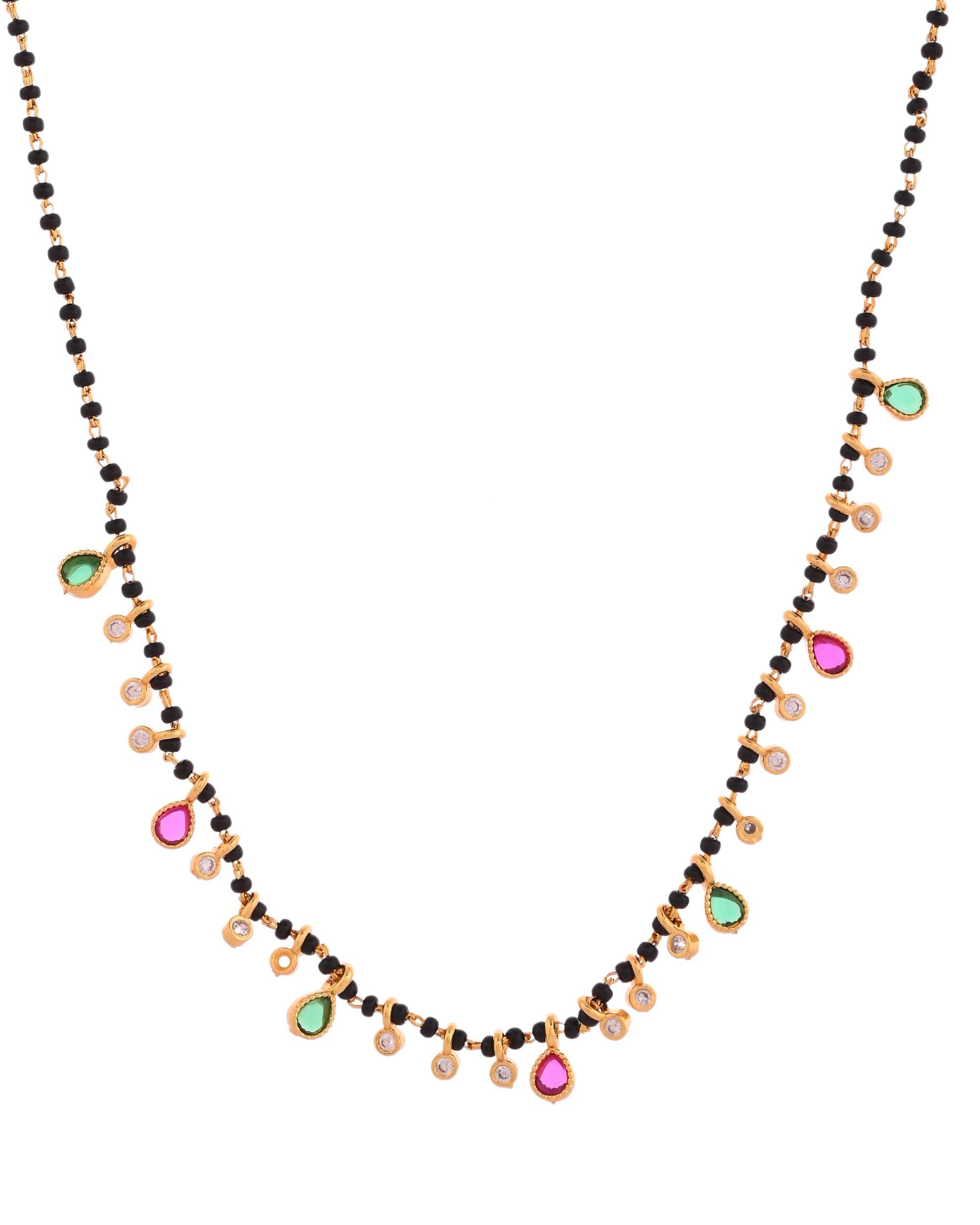 Jewels Nest Elegant Black Beads Mangalsutra with Green & Red Stone Drops – Silver Finish