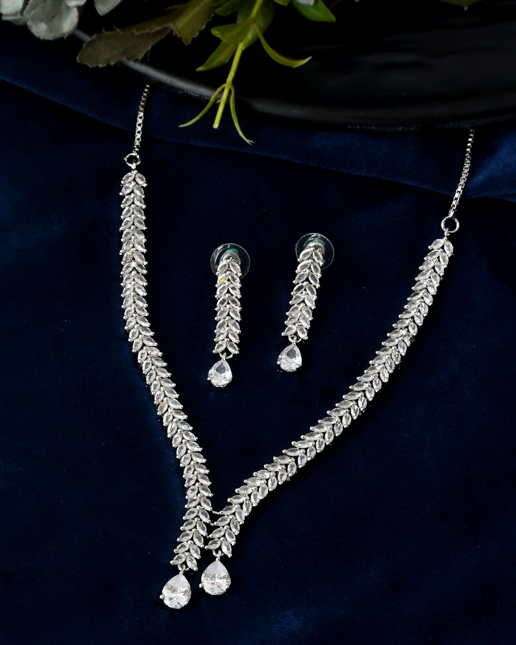 Jewels Nest Silver-Plated American Diamond Necklace Set with Teardrop CZ Stones