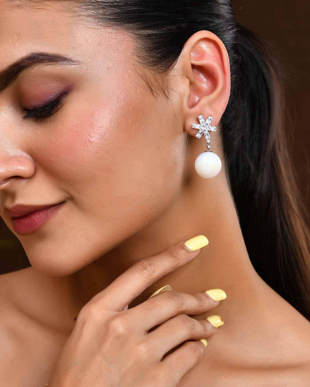 Jewels Nest White Opal Look Beaded Dangler Earrings with Diamond Studs