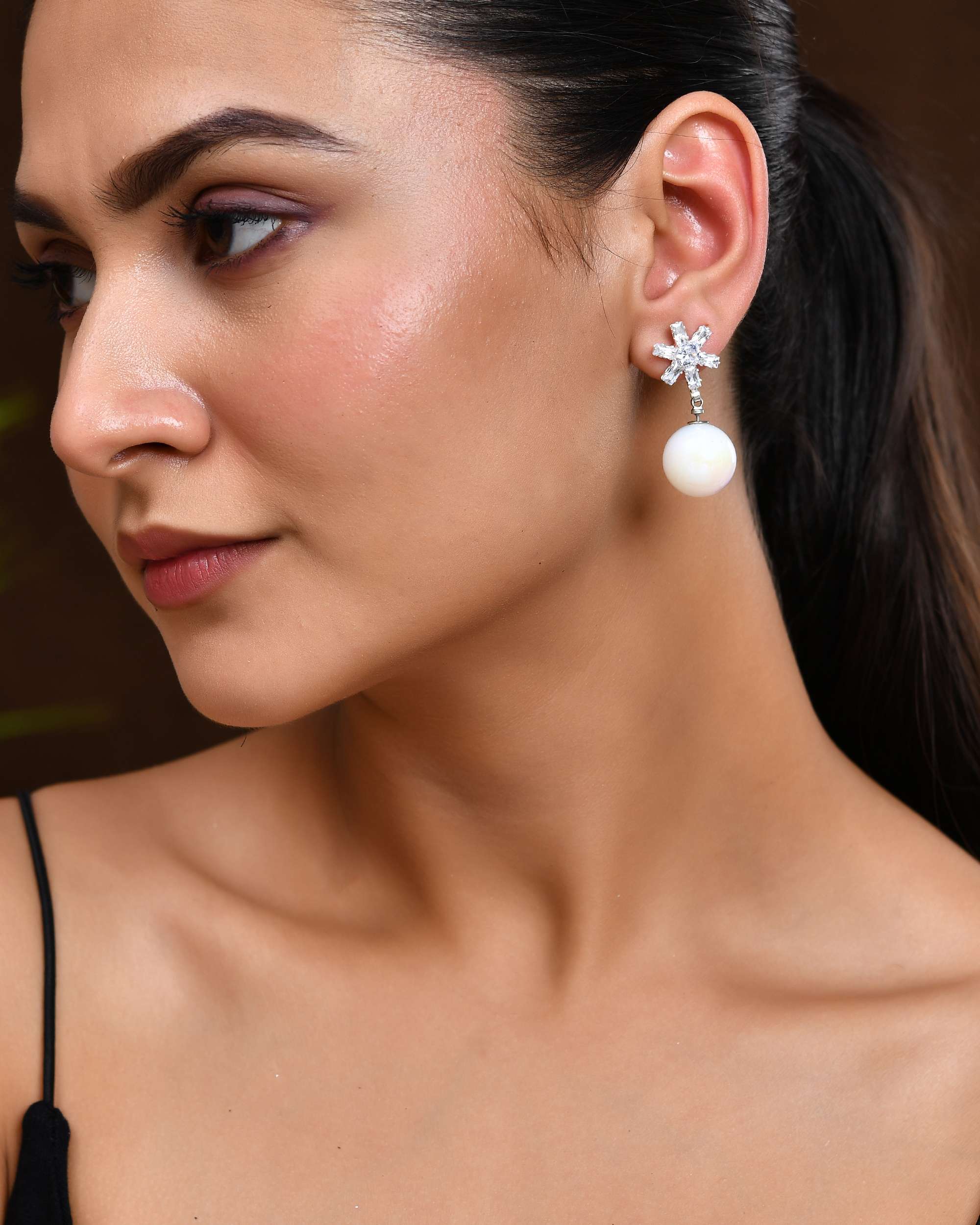 Jewels Nest White Opal Look Beaded Dangler Earrings with Diamond Studs