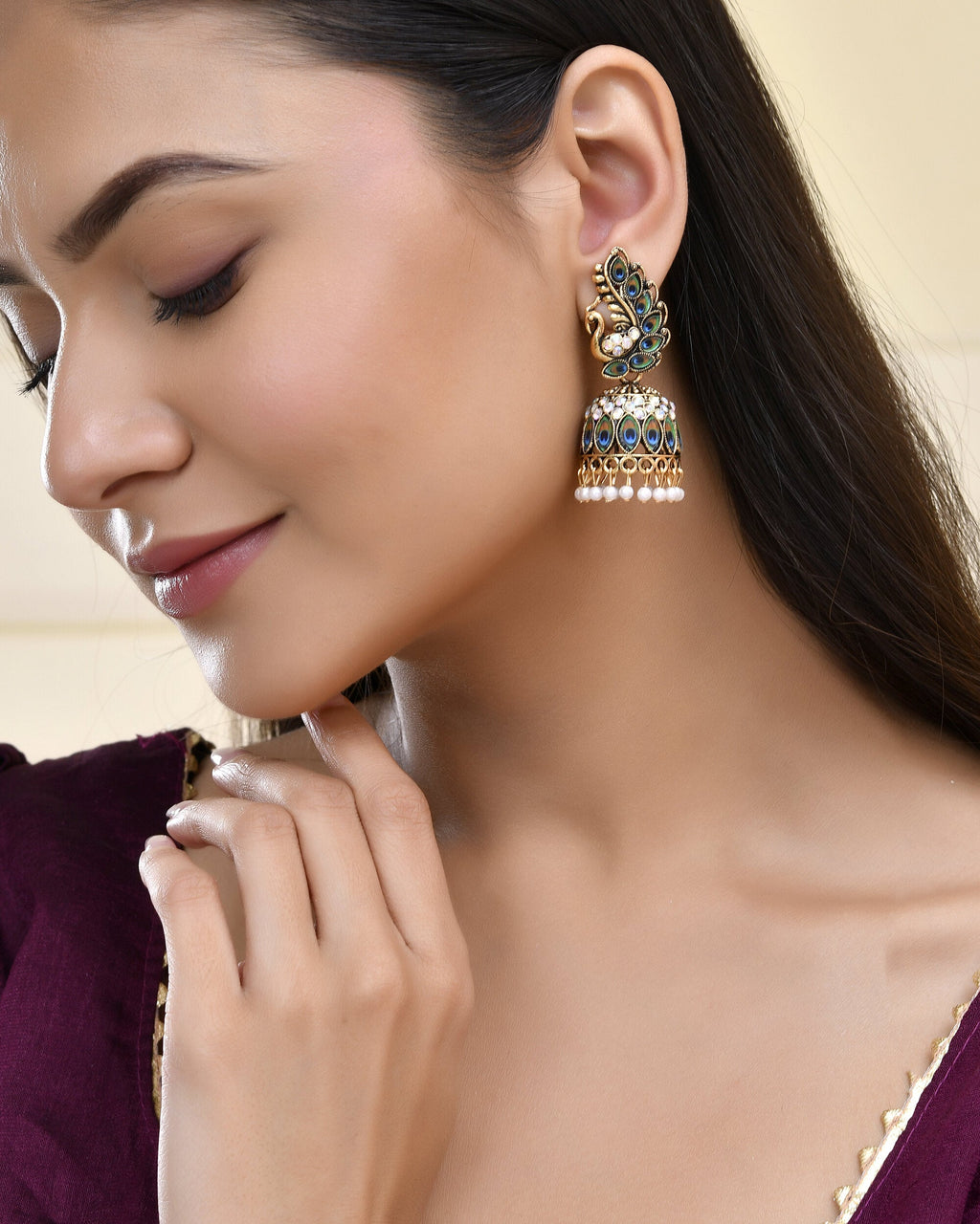 Jewels Nest Peacock-Inspired Gold-Polished Jhumka Earrings with Multicolor Stones