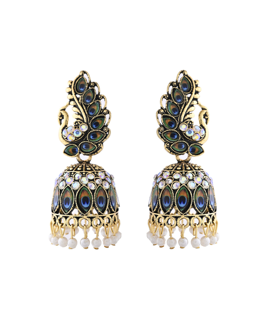 Jewels Nest Peacock-Inspired Gold-Polished Jhumka Earrings with Multicolor Stones