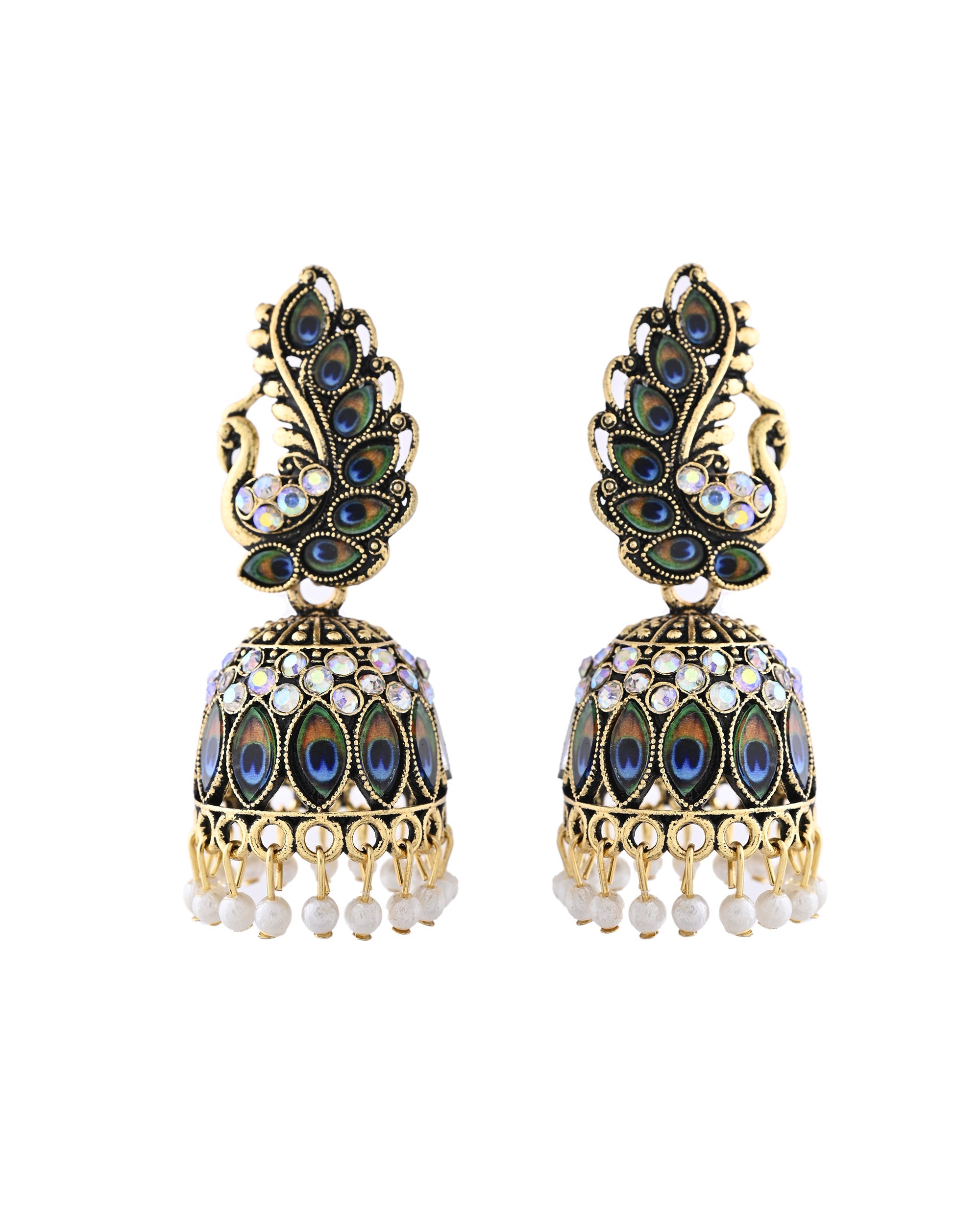 Jewels Nest Peacock-Inspired Gold-Polished Jhumka Earrings with Multicolor Stones