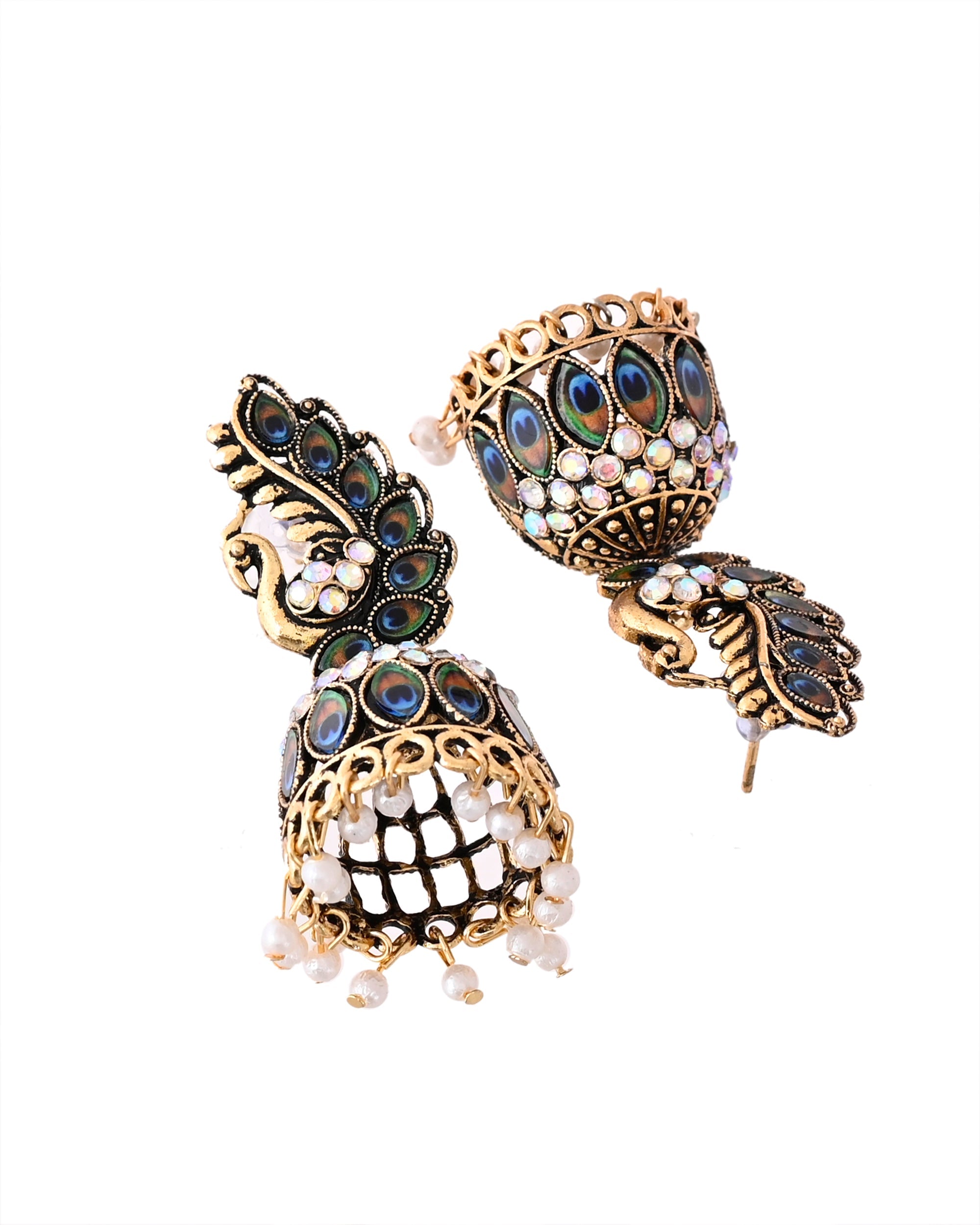 Jewels Nest Peacock-Inspired Gold-Polished Jhumka Earrings with Multicolor Stones