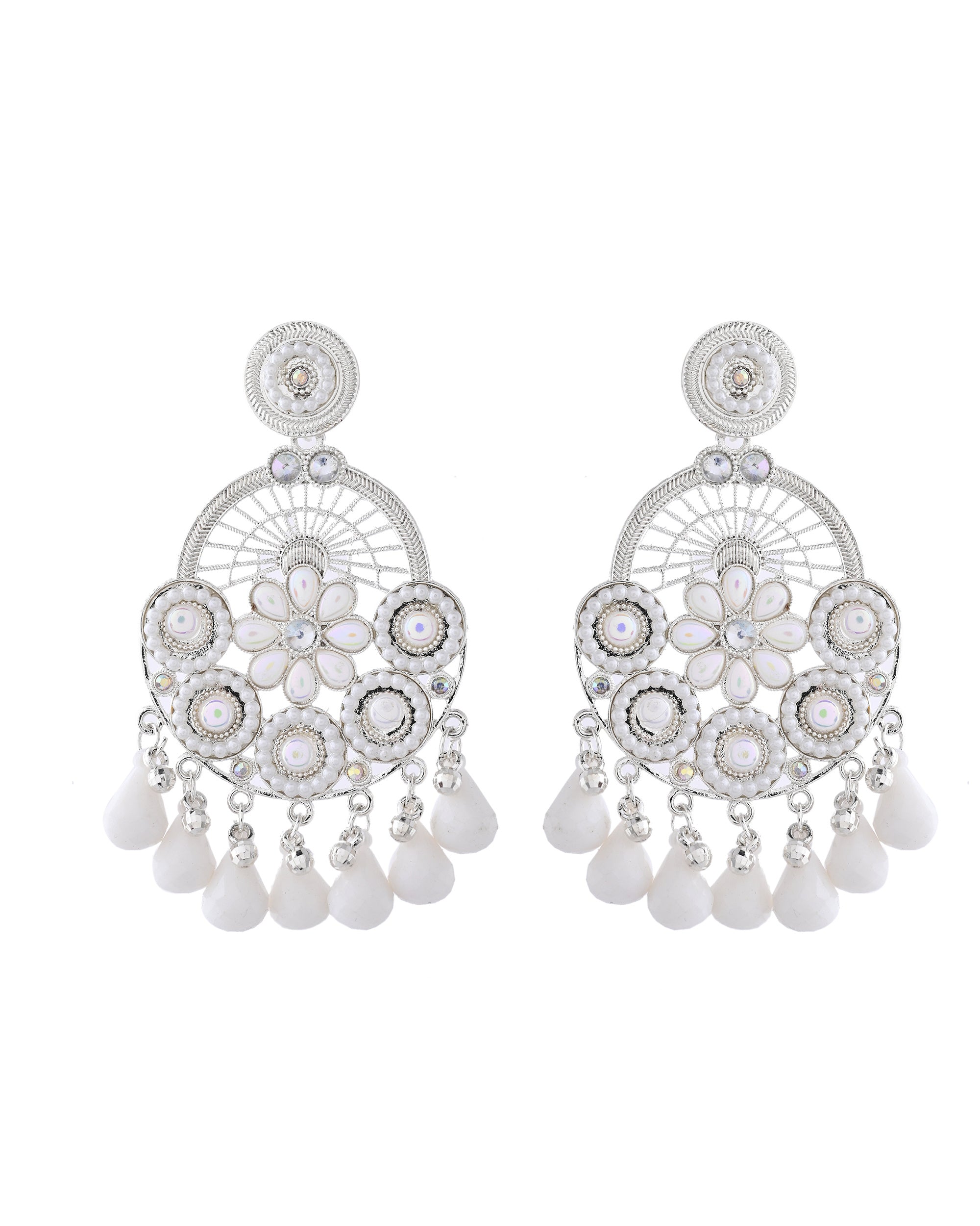 Jewels Nest Silver-Plated White Stone Chandelier Earrings with Floral and Beaded Detailing