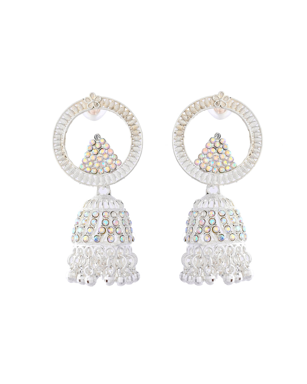 Jewels Nest Silver-Plated Crystal Embellished Jhumka Earrings with Circular Hoops