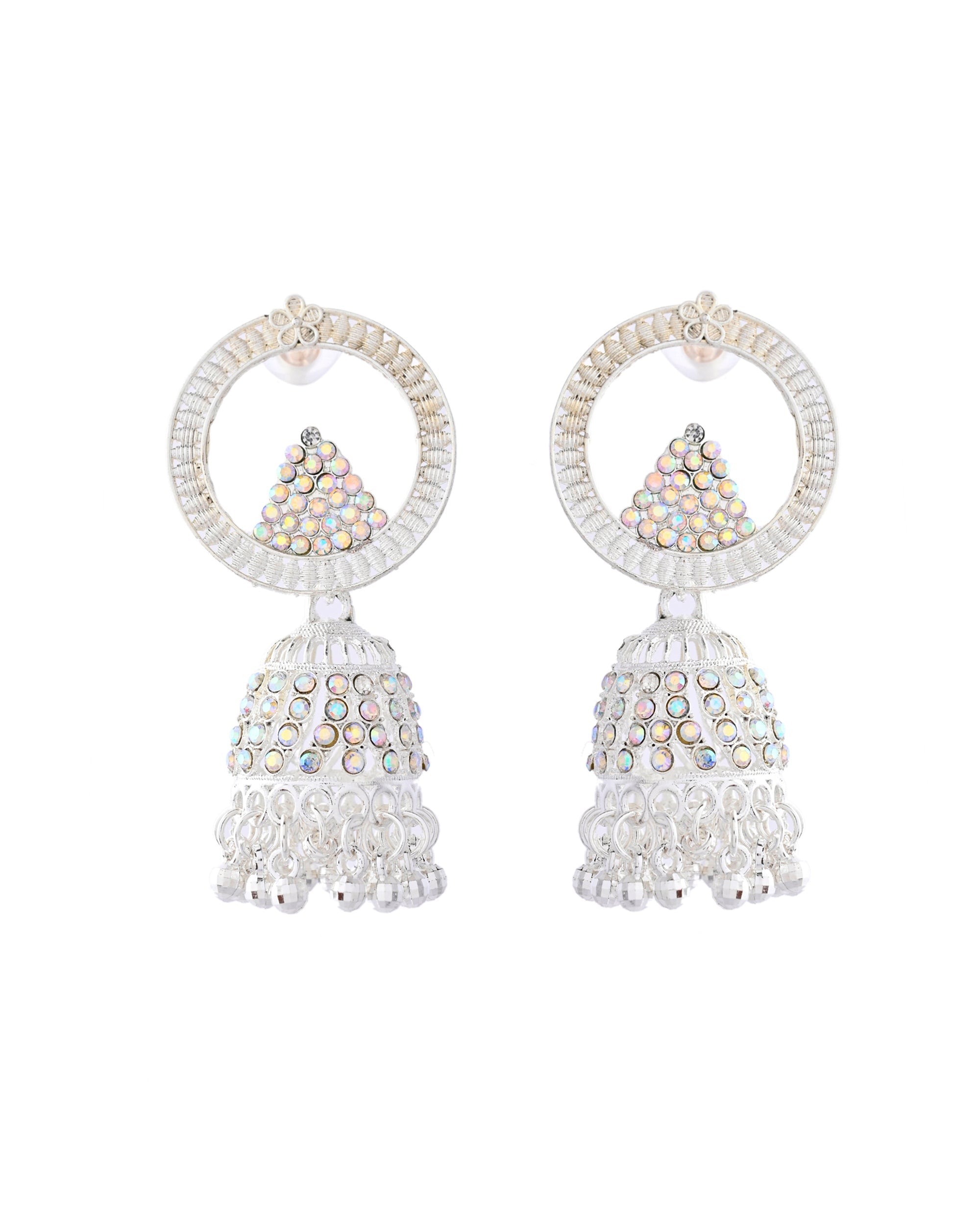 Jewels Nest Silver-Plated Crystal Embellished Jhumka Earrings with Circular Hoops