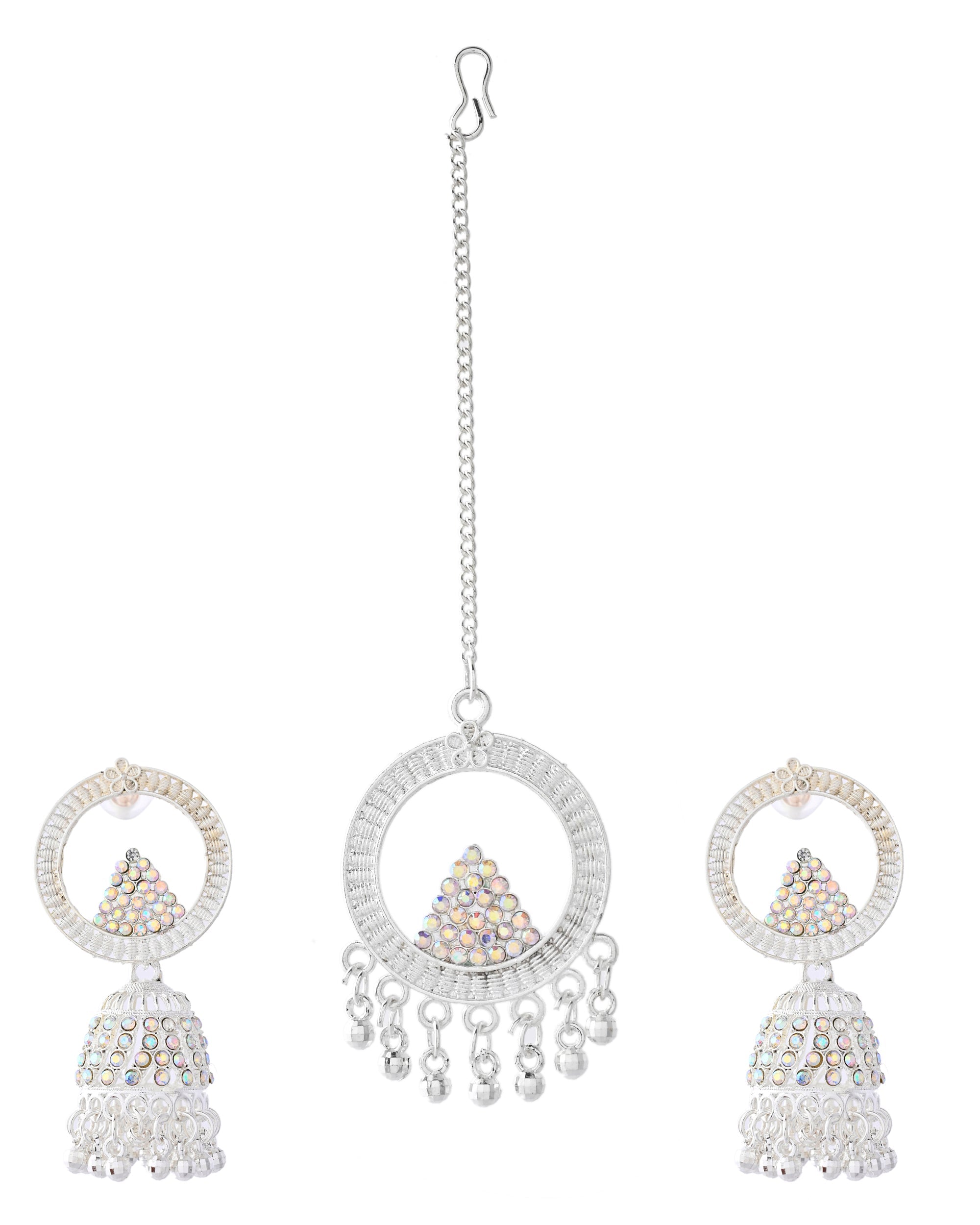 Jewels Nest Silver-Plated Crystal Embellished Jhumka Earrings with Circular Hoops