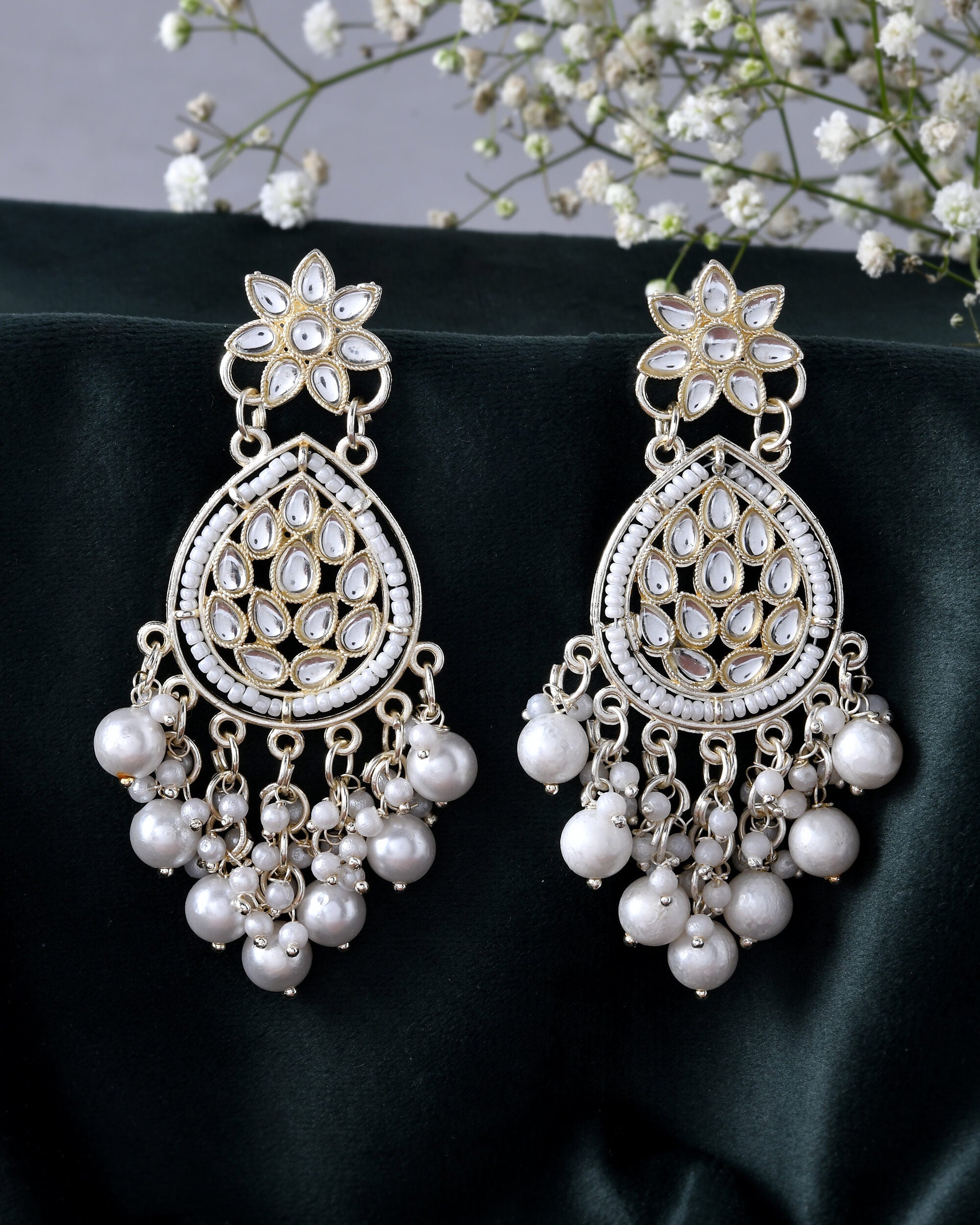 Jewels Nest Pearl-Embellished Kundan Teardrop Earrings with Floral Detailing