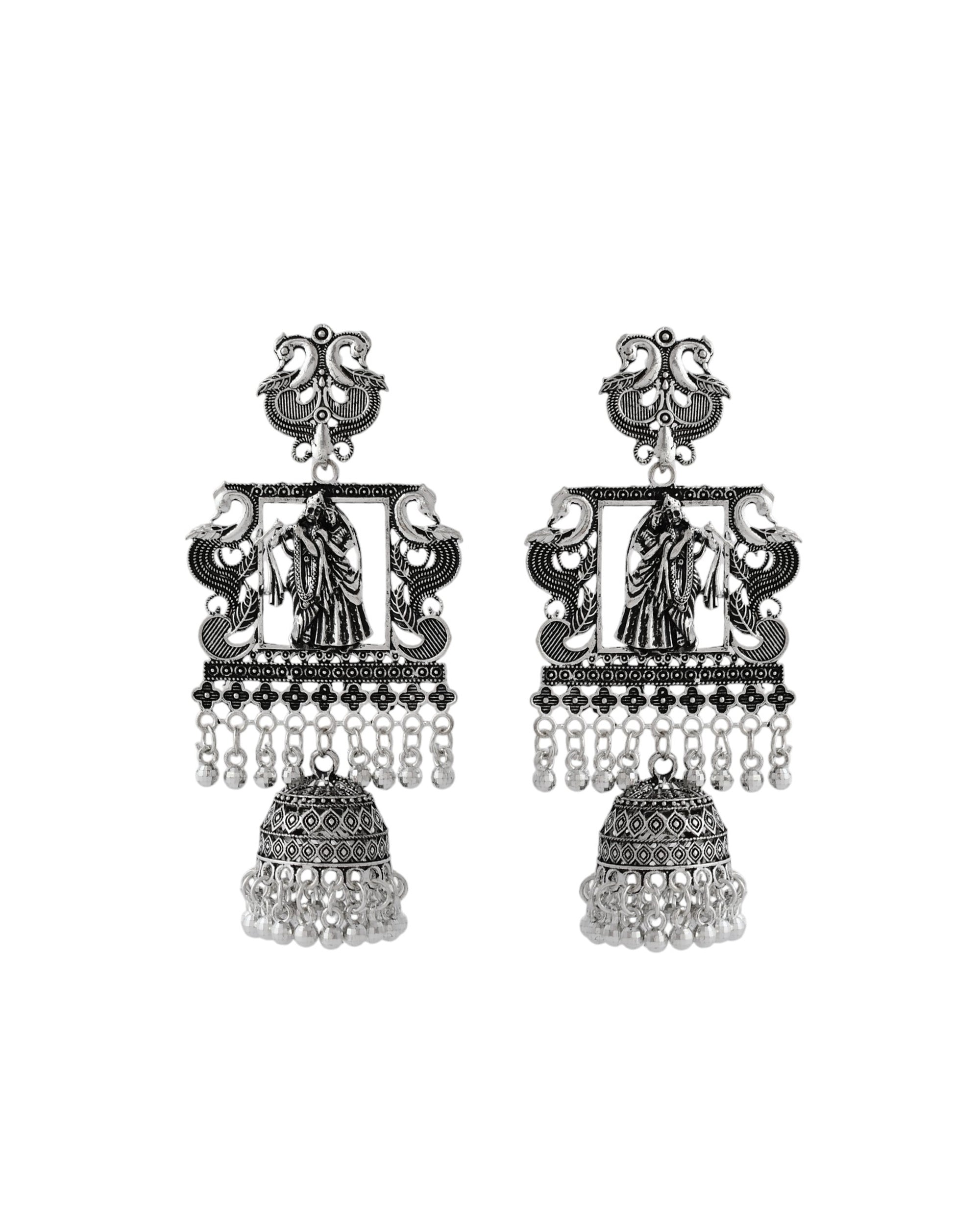 Jewels Nest Antique Silver Temple Jhumka Earrings with Intricate Detailing