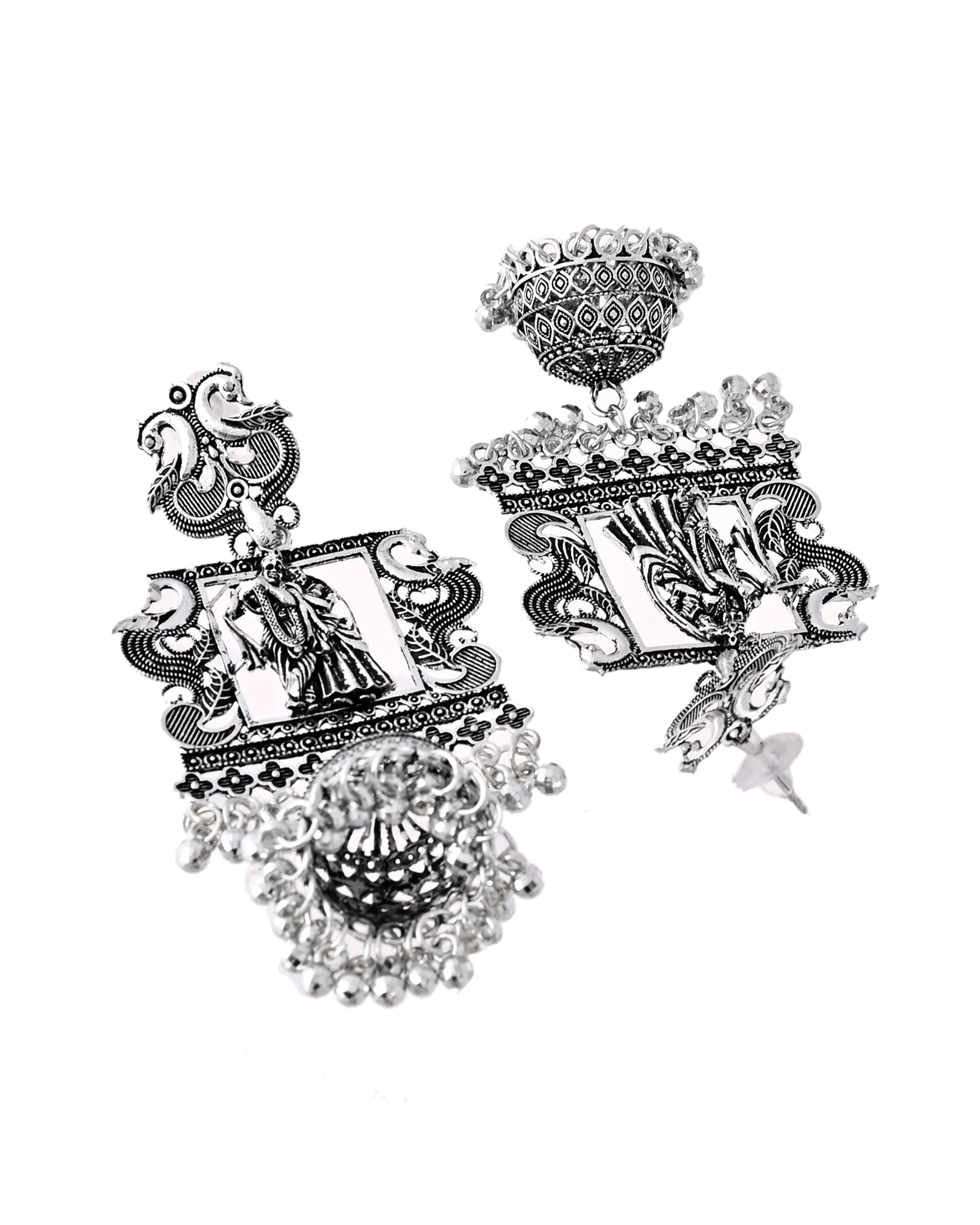 Jewels Nest Antique Silver Temple Jhumka Earrings with Intricate Detailing