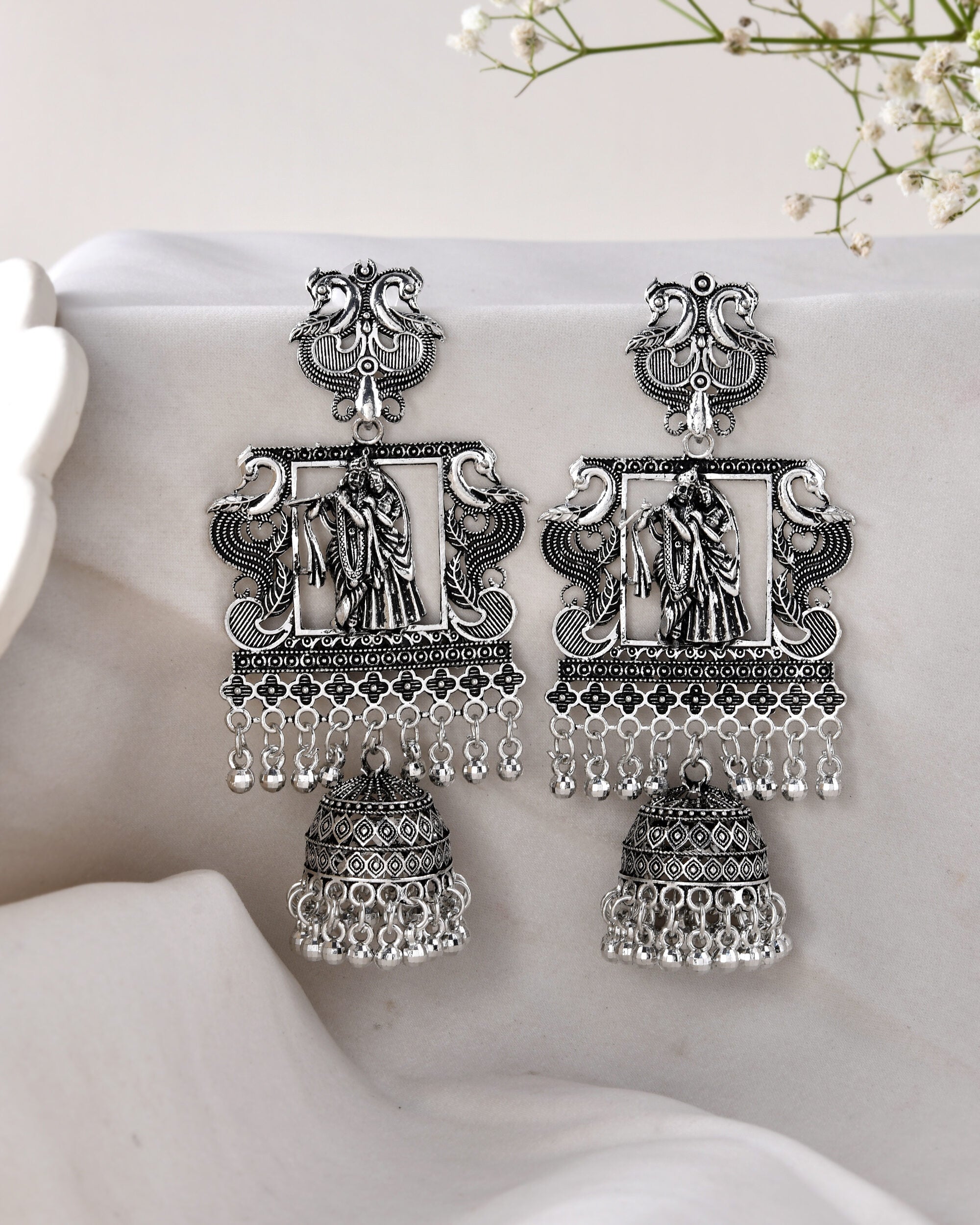 Jewels Nest Antique Silver Temple Jhumka Earrings with Intricate Detailing