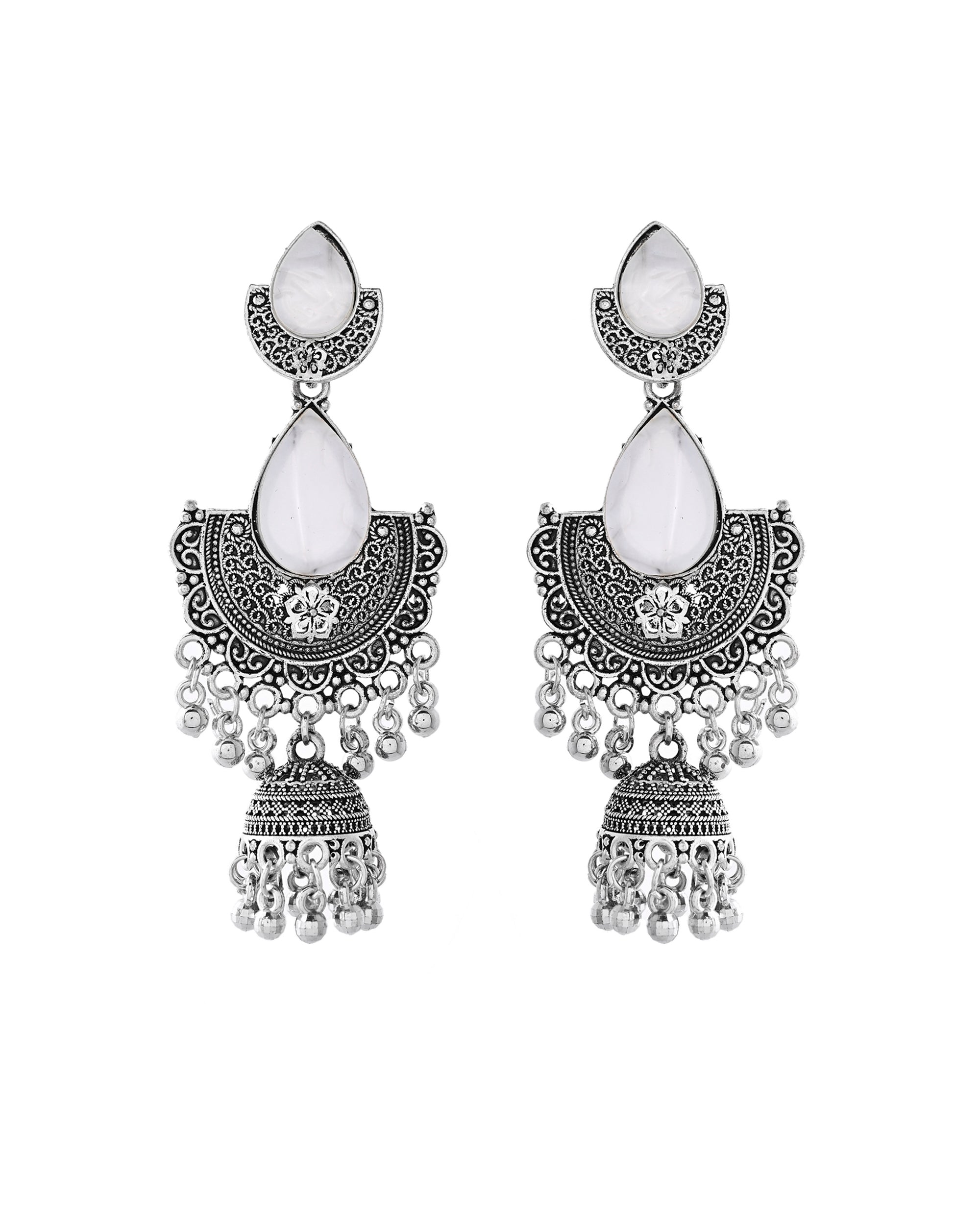 Jewels Nest Oxidized Silver Half Moon Jhumka Earrings with Intricate Design