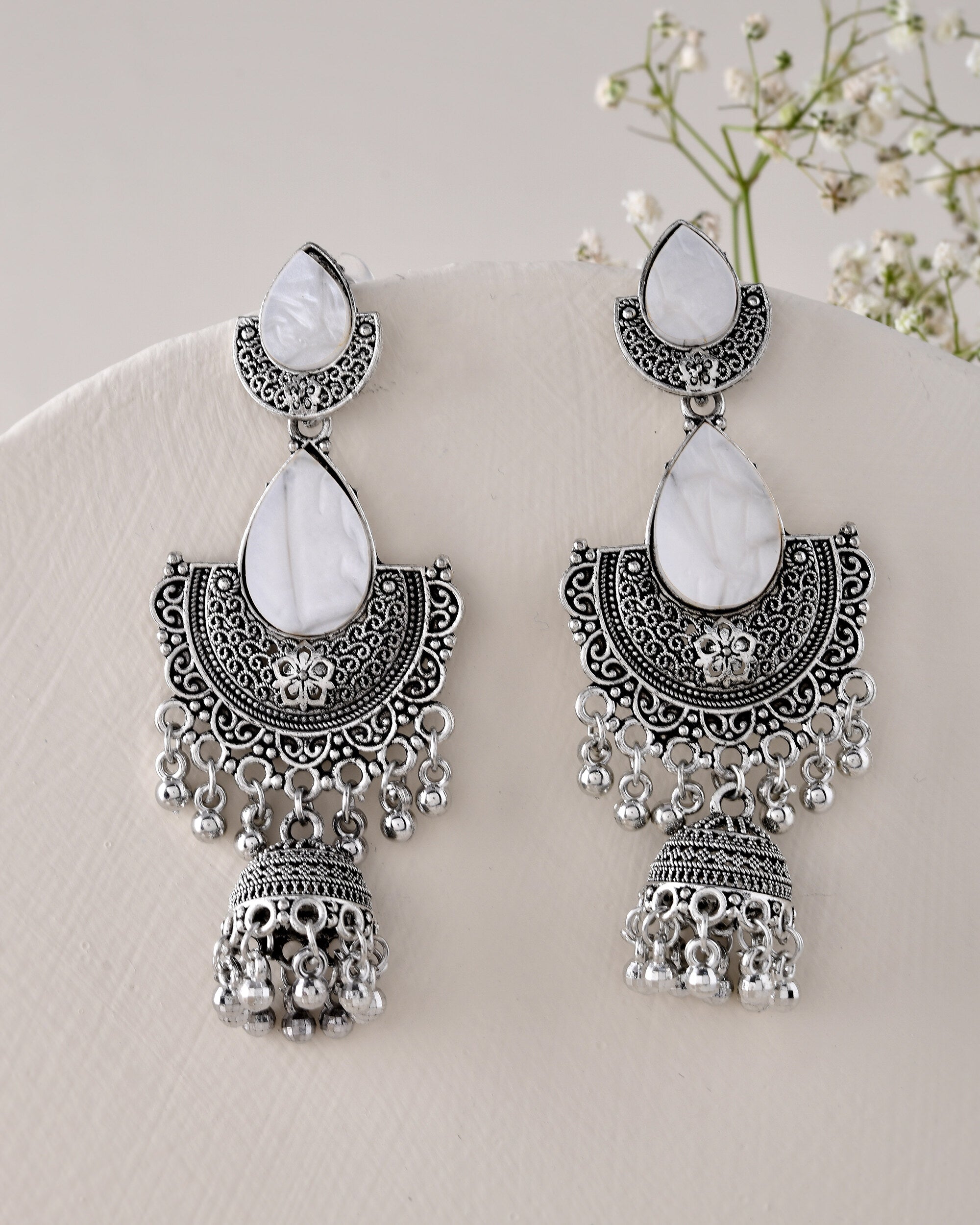 Jewels Nest Oxidized Silver Half Moon Jhumka Earrings with Intricate Design