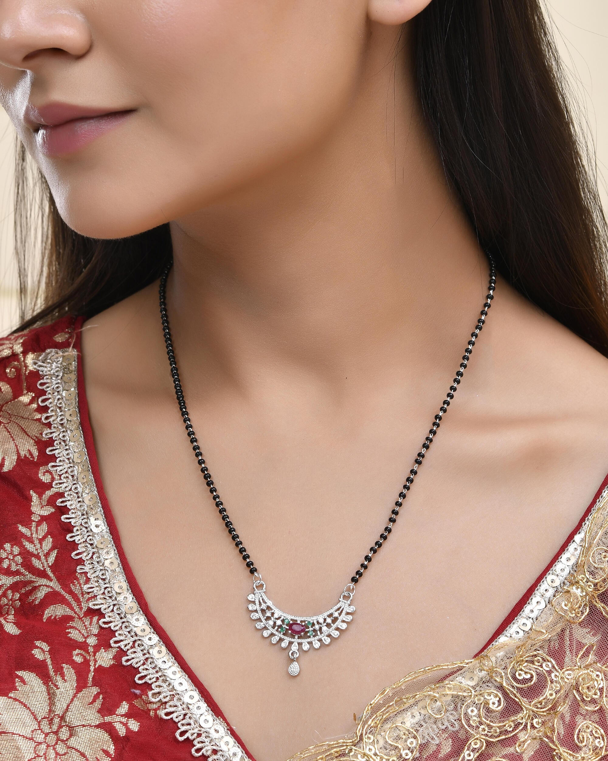 Jewels Nest Elegant Silver-Plated Mangal Sutra with Floral Crystal Pendant