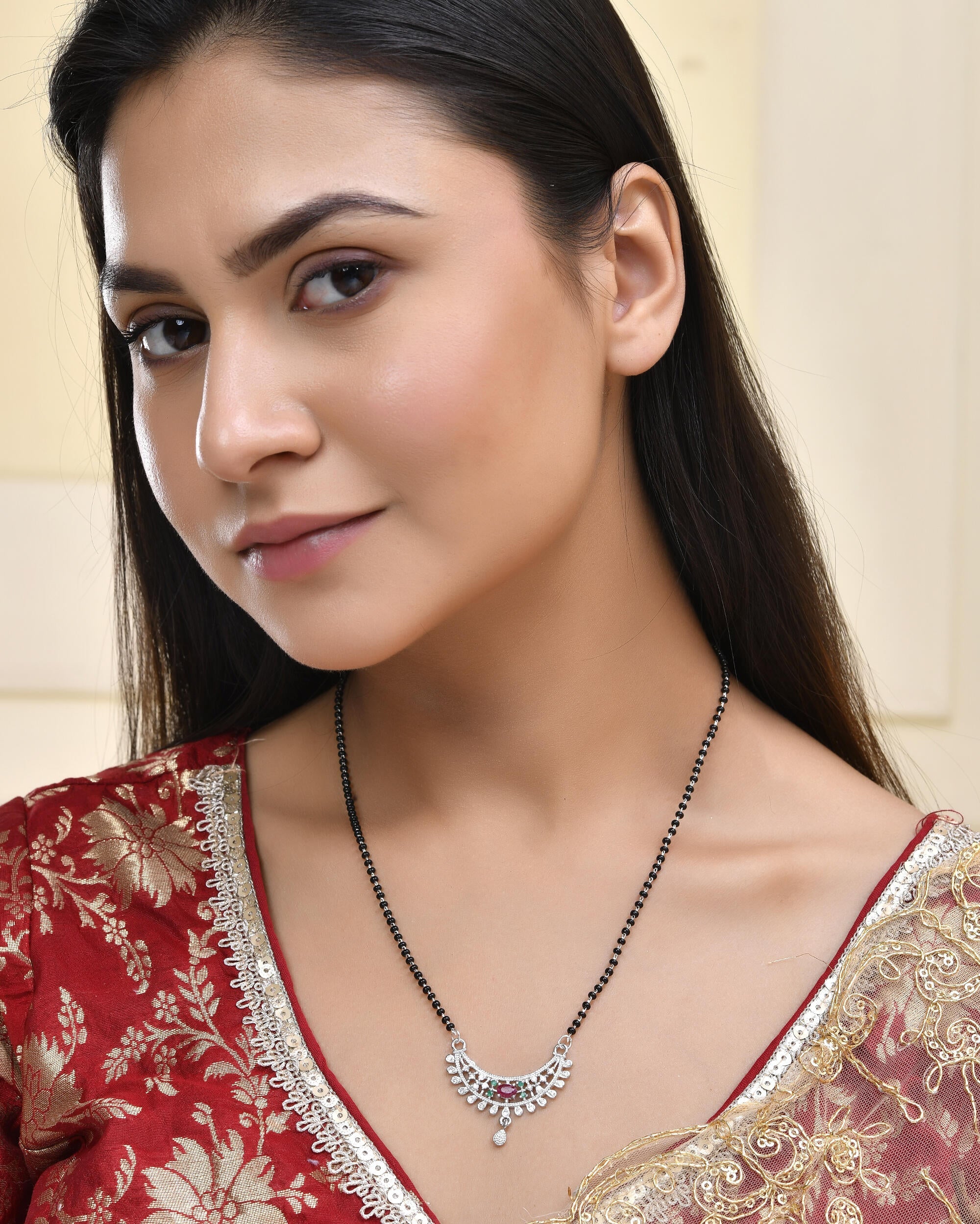 Jewels Nest Elegant Silver-Plated Mangal Sutra with Floral Crystal Pendant