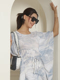 Indian Needle Women's Light-Blue Tie Dye Printed Rayon Kaftan Tunic With Trousers - Light-Blue