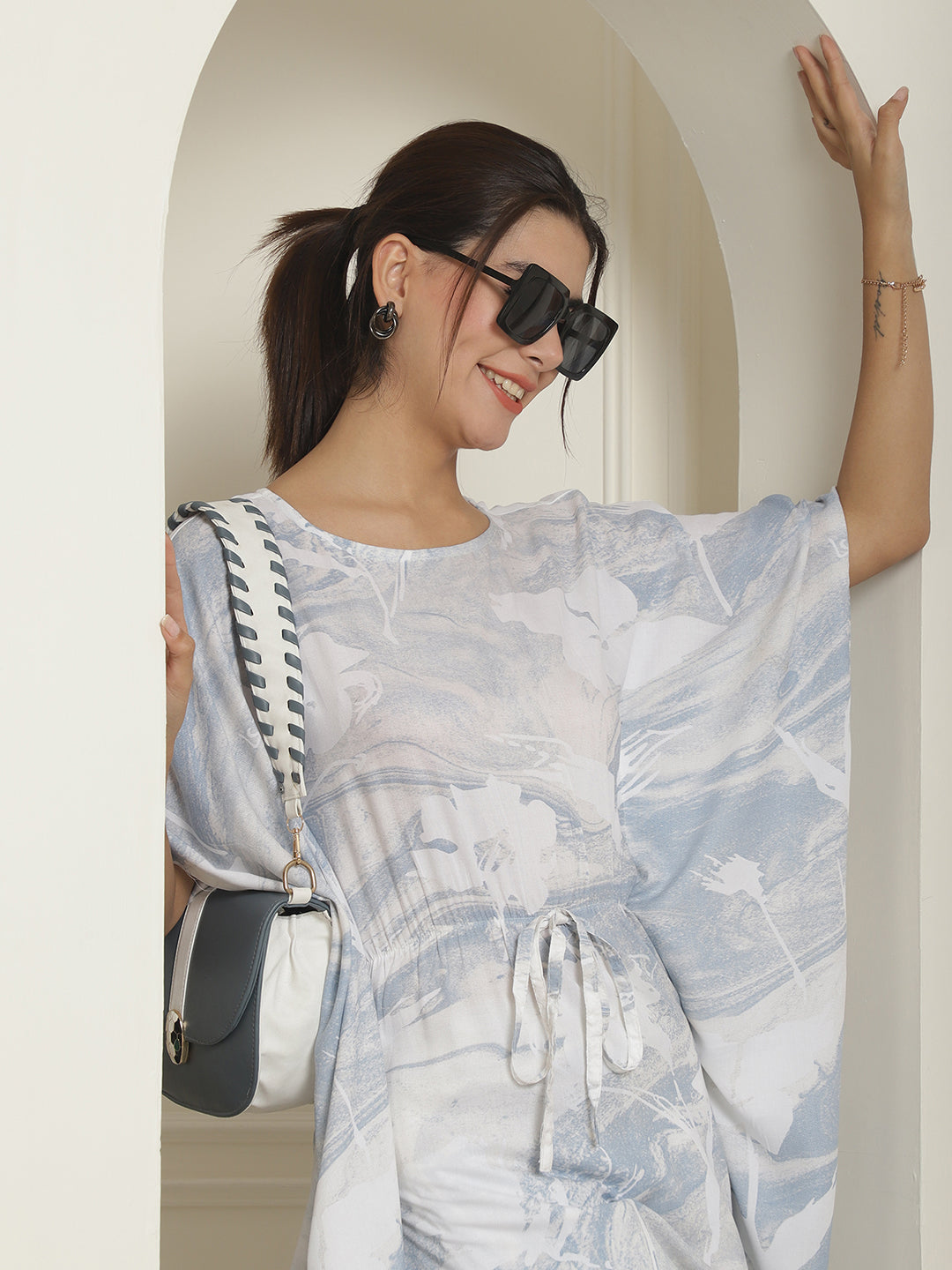 Indian Needle Women's Light-Blue Tie Dye Printed Rayon Kaftan Tunic With Trousers - Light-Blue