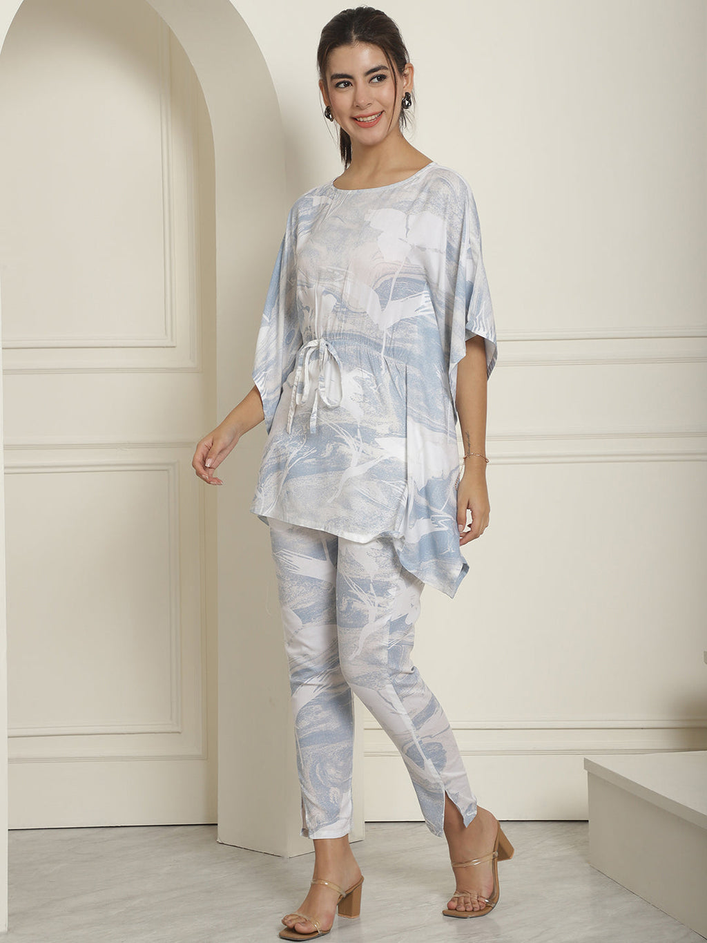 Indian Needle Women's Light-Blue Tie Dye Printed Rayon Kaftan Tunic With Trousers - Light-Blue