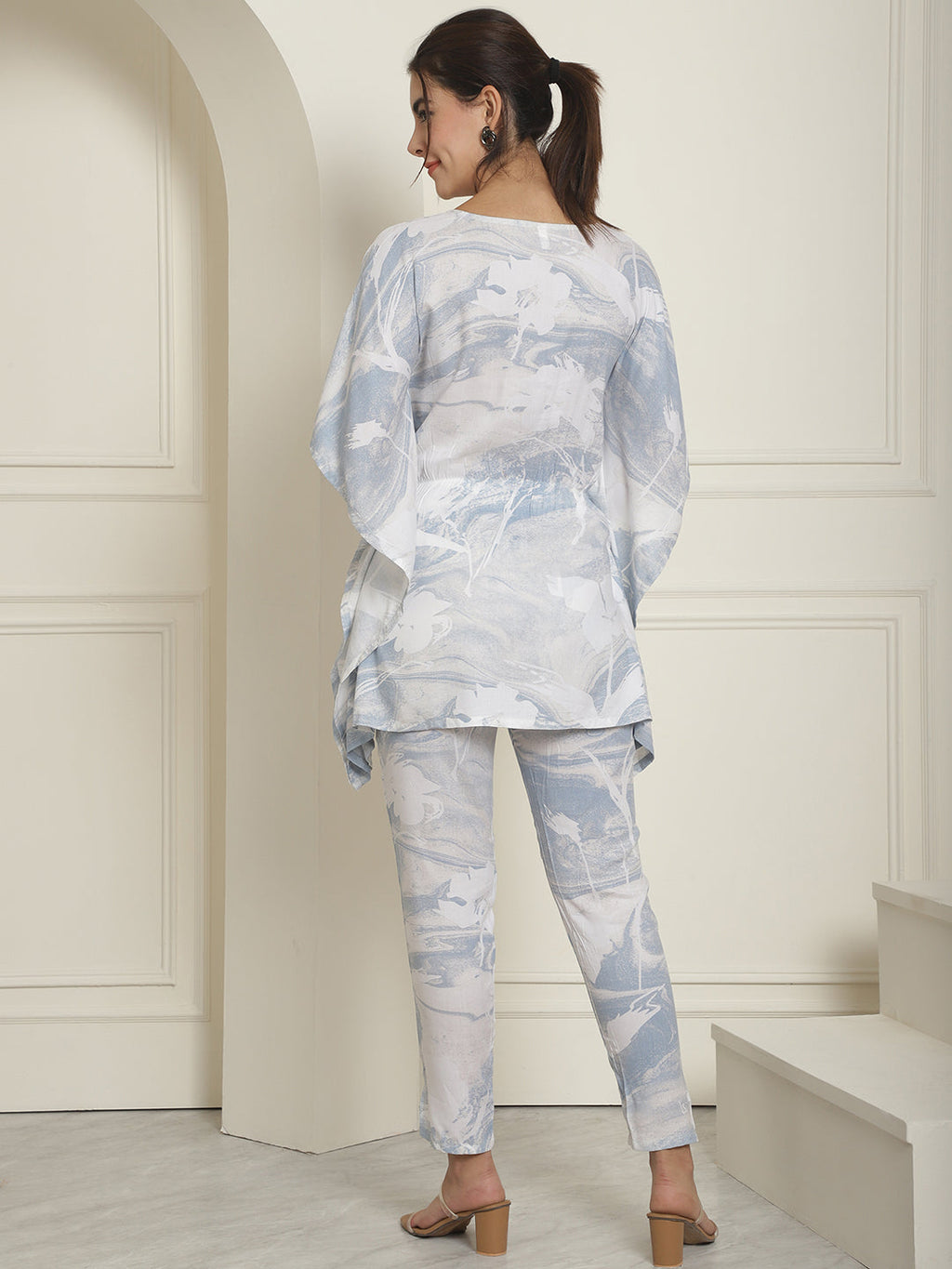 Indian Needle Women's Light-Blue Tie Dye Printed Rayon Kaftan Tunic With Trousers - Light-Blue
