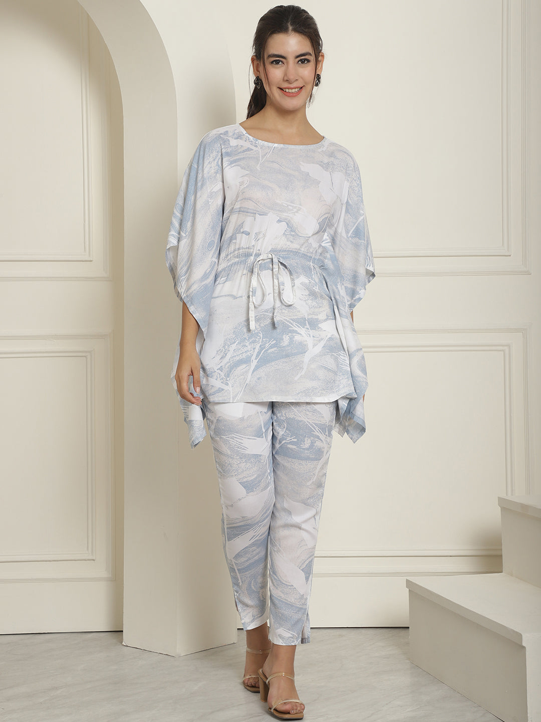 Indian Needle Women's Light-Blue Tie Dye Printed Rayon Kaftan Tunic With Trousers - Light-Blue