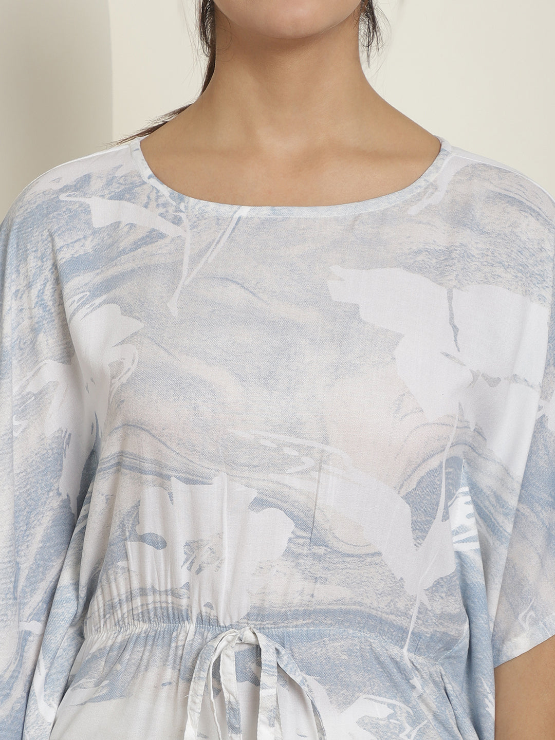 Indian Needle Women's Light-Blue Tie Dye Printed Rayon Kaftan Tunic With Trousers - Light-Blue