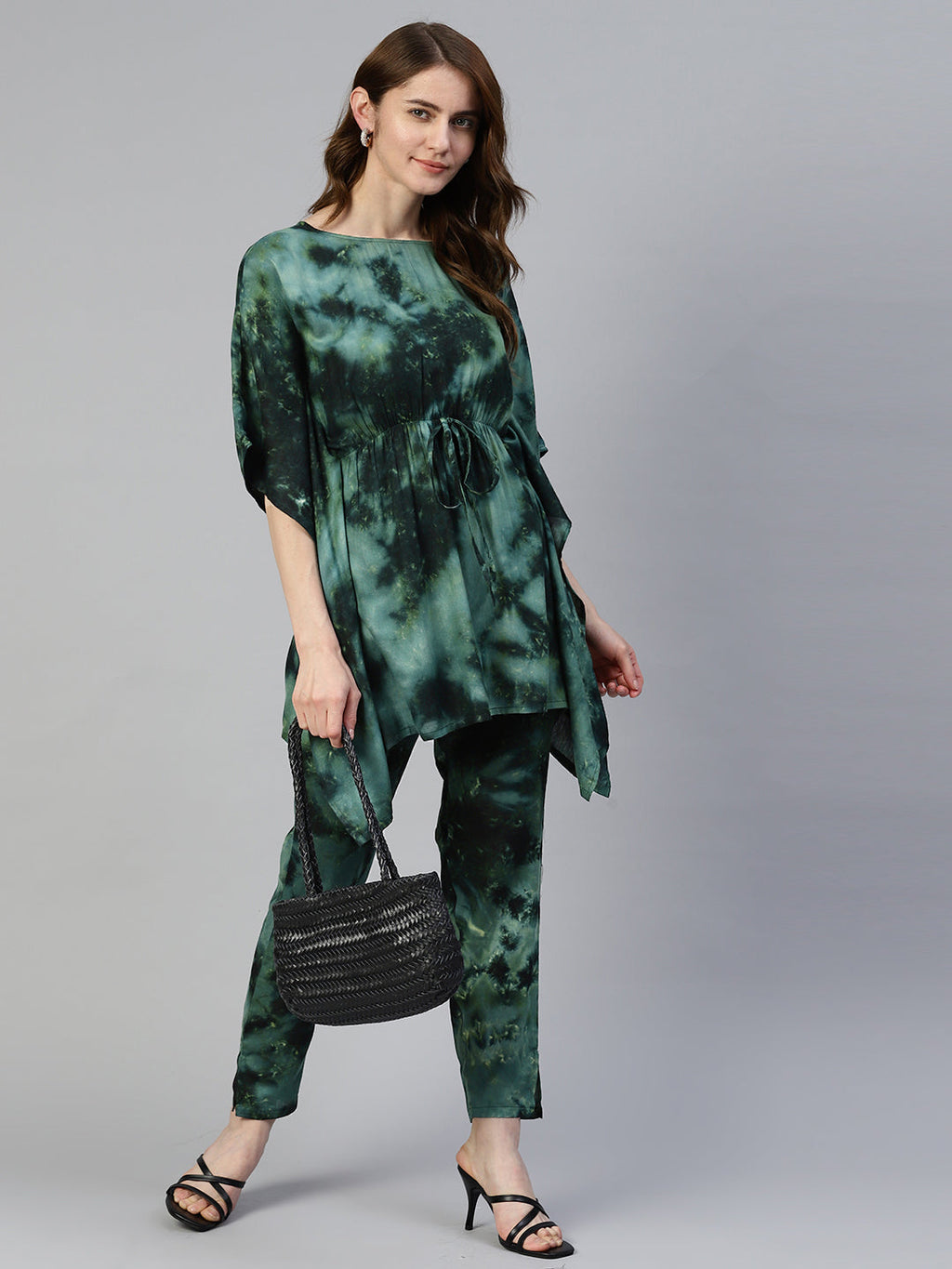 Jainish Women's Olive Green Tie Dye Printed Rayon Kaftan Tunic With Trousers