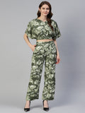 Jainish Women's Olive Green Printed Crop Top With Palazzos