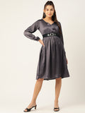 Jompers Women's Puff Sleeves Satin Wrap Dress with Belt - Charcoal