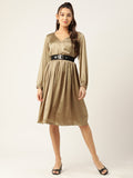 Jompers Women's Puff Sleeves Satin Wrap Dress with Belt - Golden