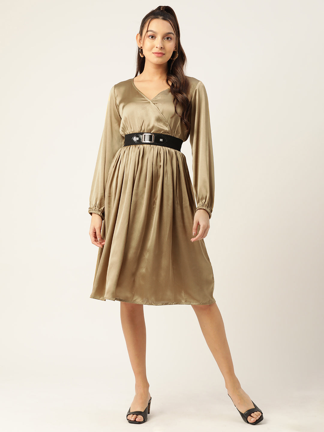 Jompers Women's Puff Sleeves Satin Wrap Dress with Belt - Golden