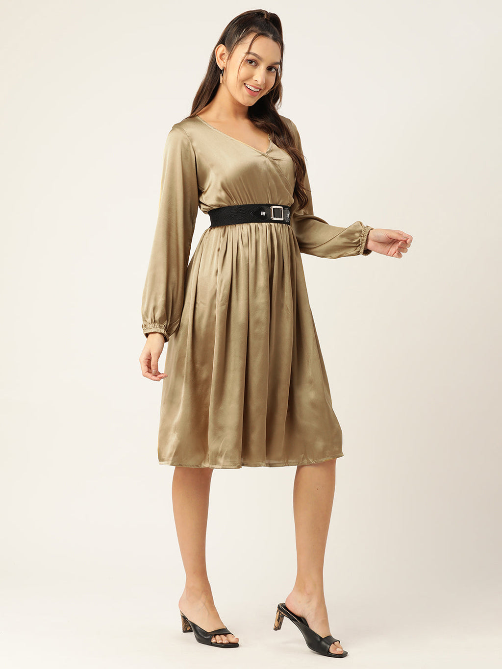 Jompers Women's Puff Sleeves Satin Wrap Dress with Belt - Golden