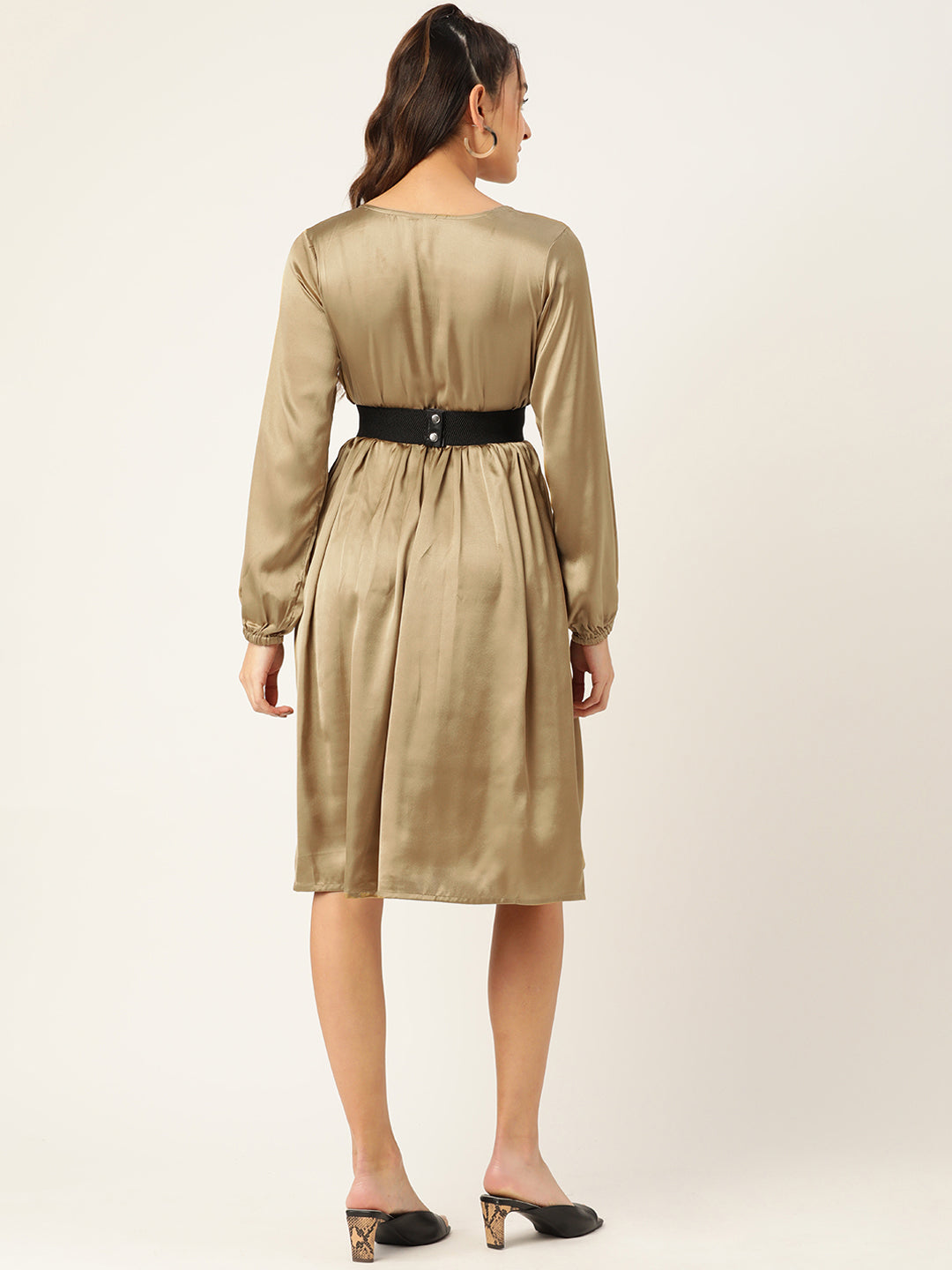 Jompers Women's Puff Sleeves Satin Wrap Dress with Belt - Golden