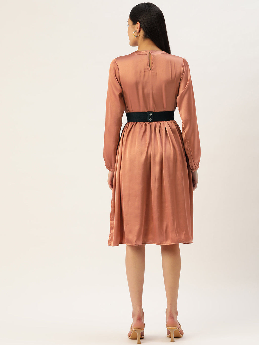 Jainish Women's Peach-Coloured Satin Dress with Belt