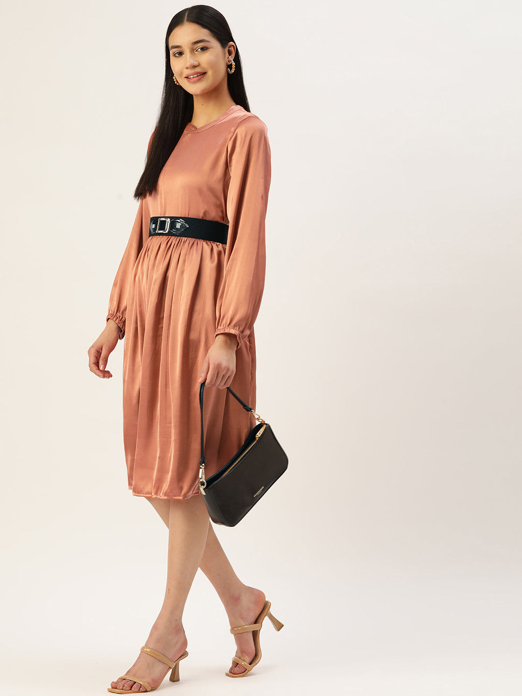 Jainish Women's Peach-Coloured Satin Dress with Belt
