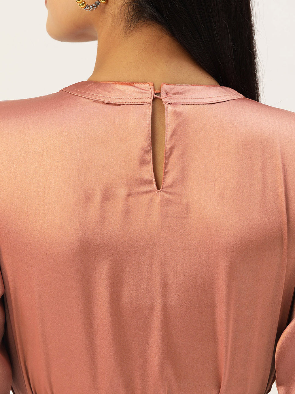 Jainish Women's Peach-Coloured Satin Dress with Belt