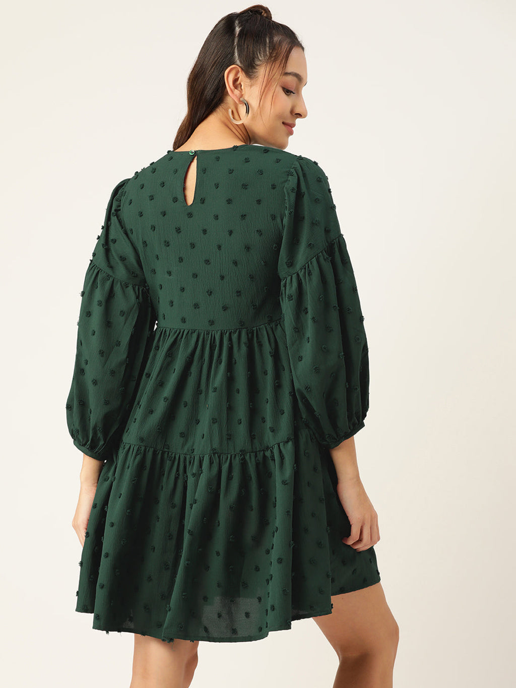Jainish Women's Georgette Puff Sleeves Tiered Dress - Green